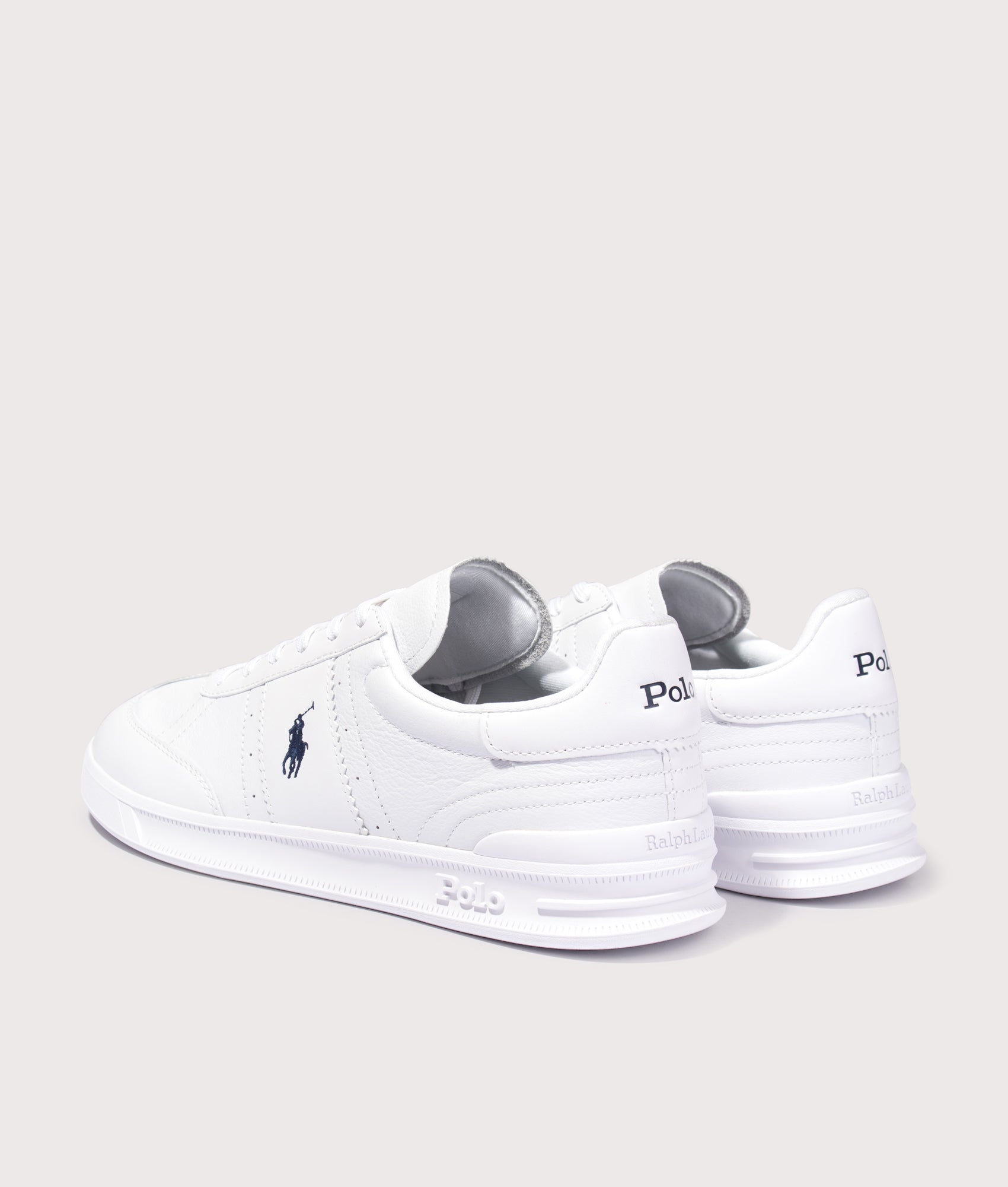 Polo Ralph Lauren The Heritage Aera Leather Sneakers in White and Navy at EQVVS Menswear. Angled front shot.