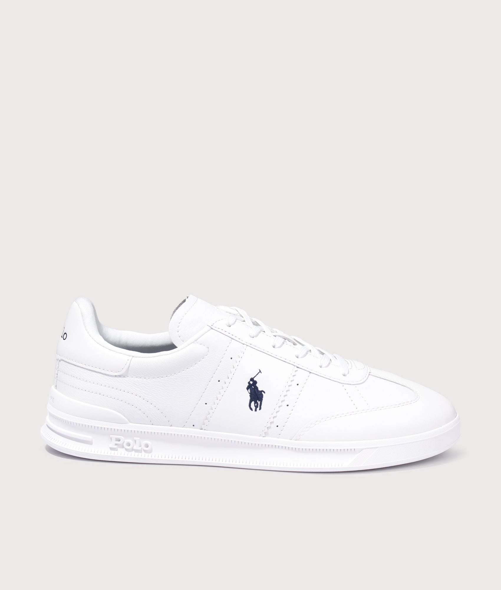 Polo Ralph Lauren The Heritage Aera Leather Sneakers in White and Navy at EQVVS Menswear. Side shot.