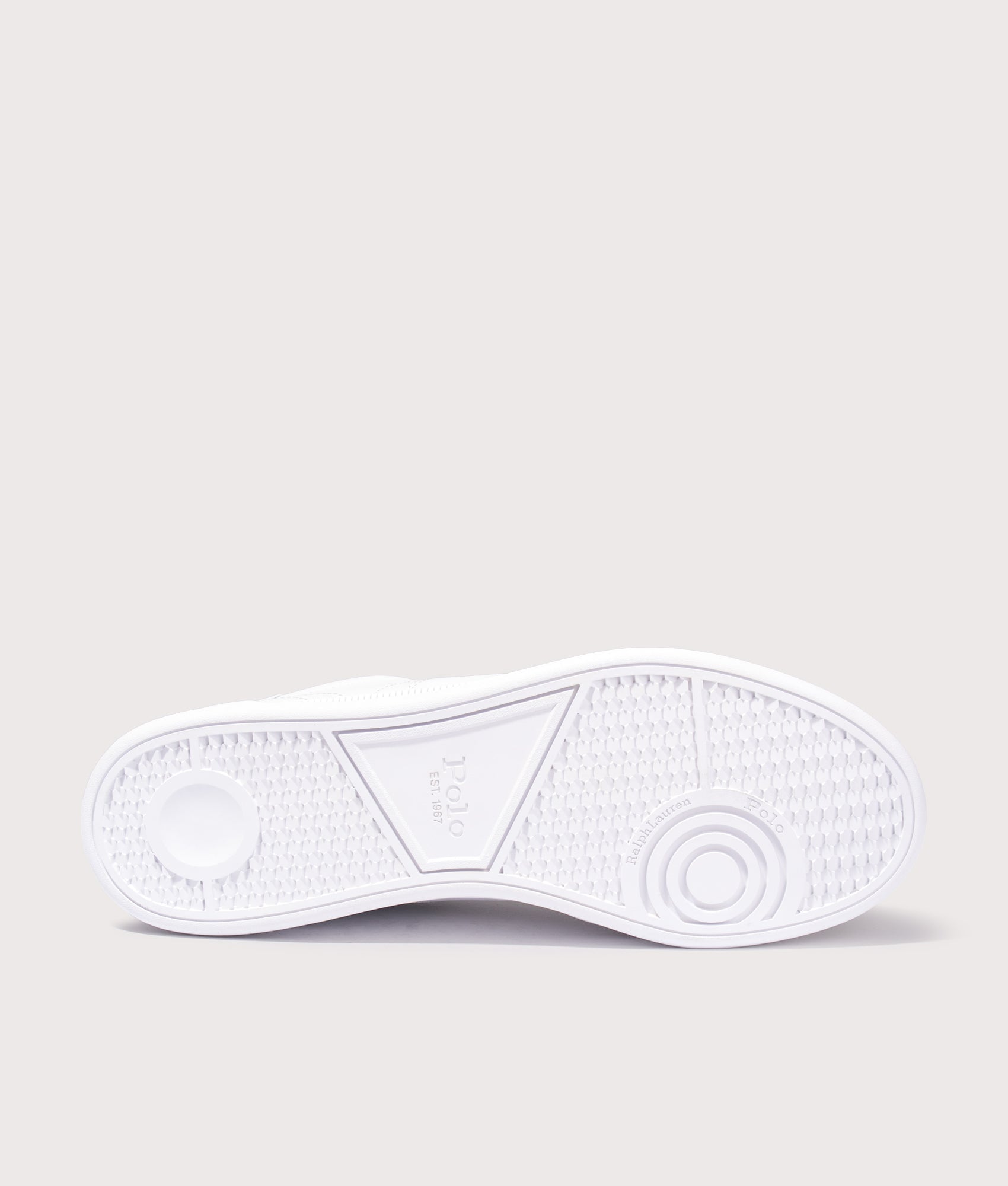 Polo Ralph Lauren The Heritage Aera Leather Sneakers in White and Navy at EQVVS Menswear. Tread shot.