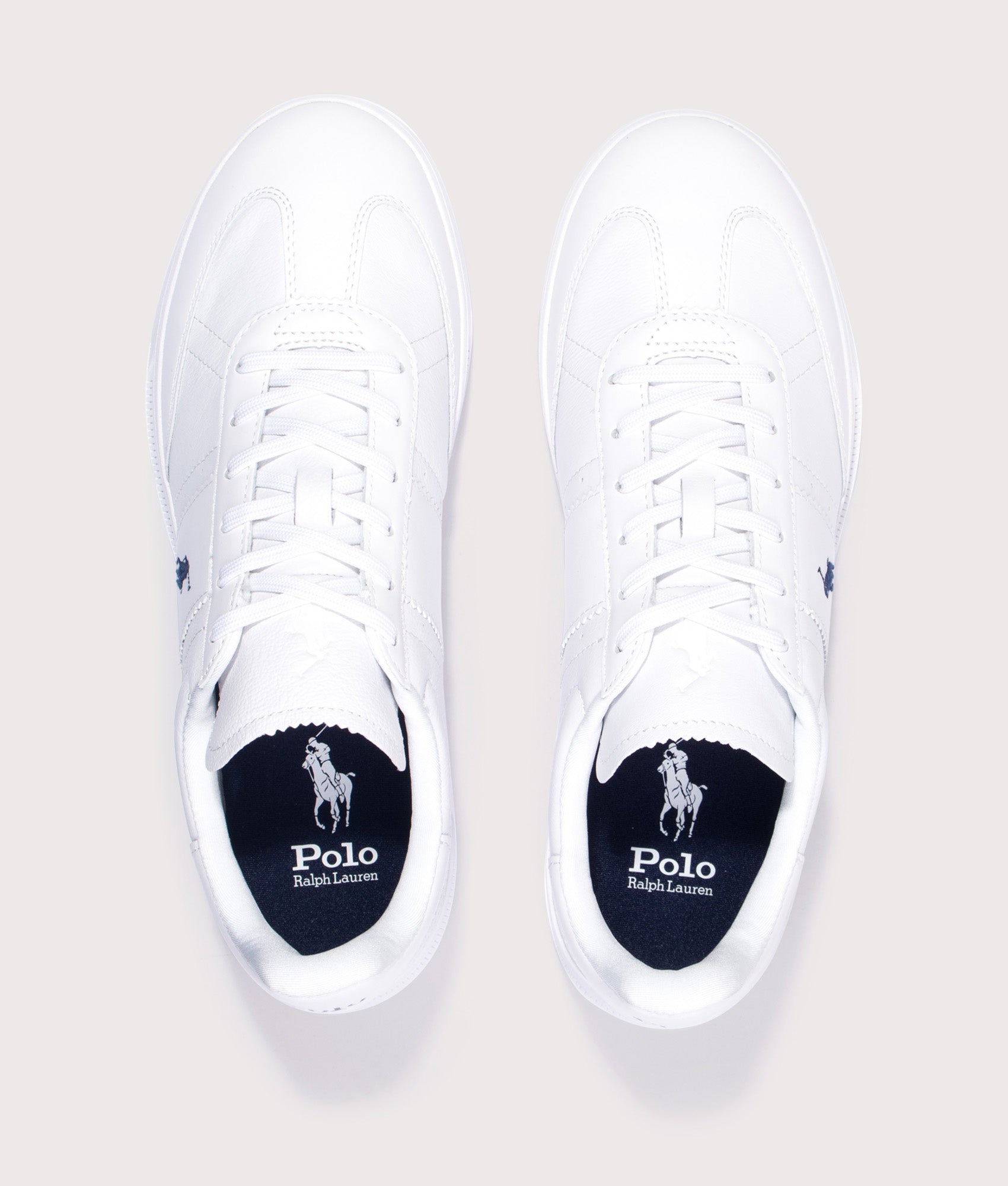 Polo Ralph Lauren The Heritage Aera Leather Sneakers in White and Navy at EQVVS Menswear. Top shot.