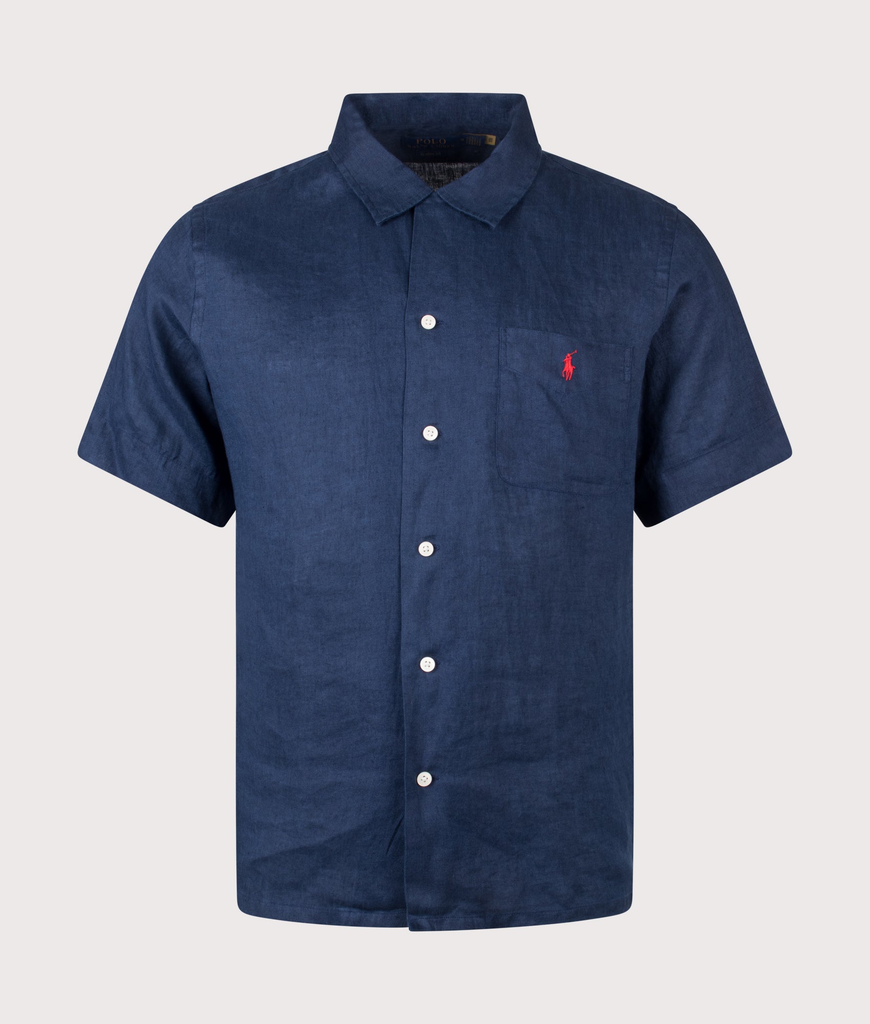 Polo Ralph Lauren Classic Fit Linen Camp Shirt in Newport Navy at EQVVS Menswear. Front shot.