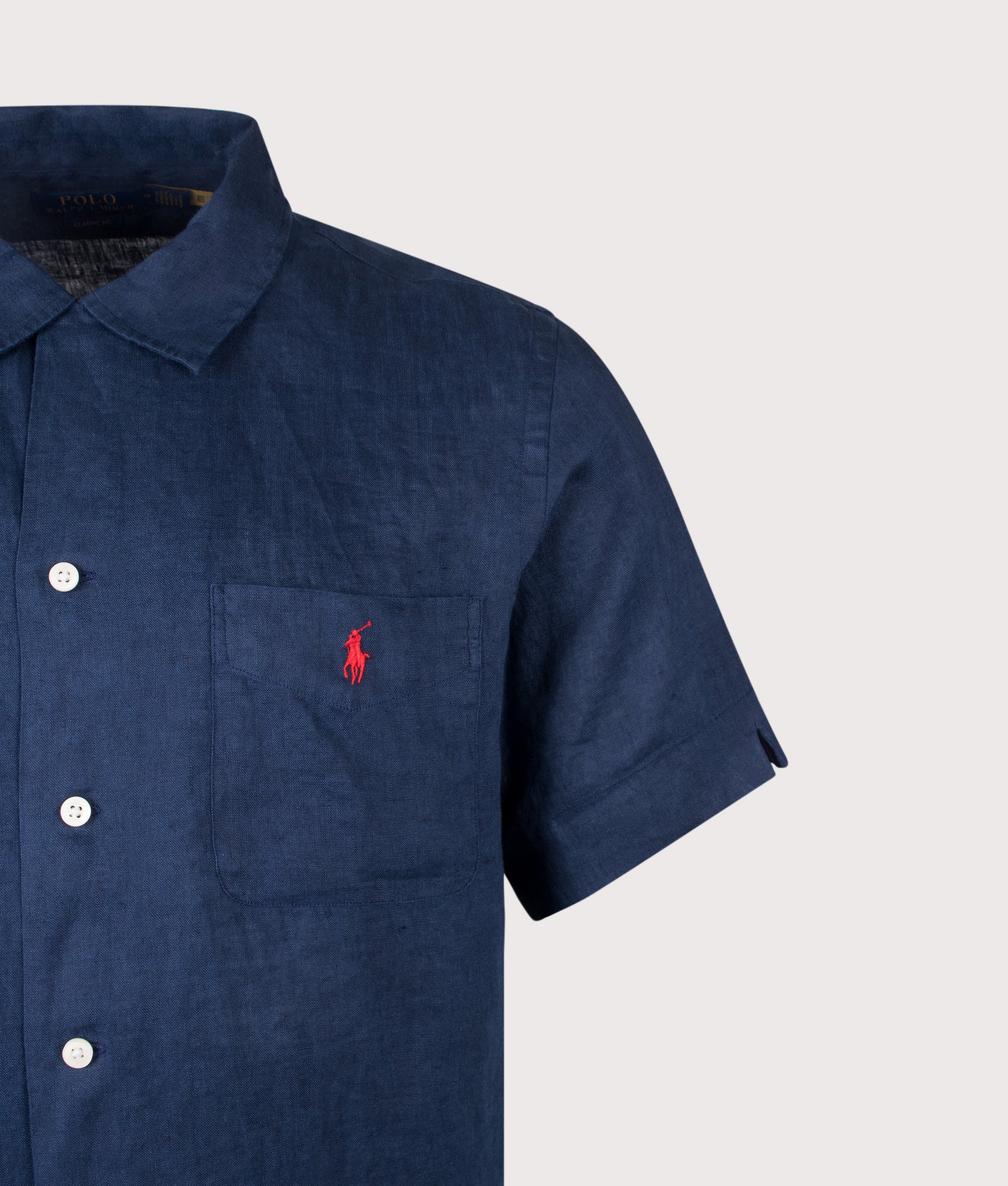 Polo Ralph Lauren Classic Fit Linen Camp Shirt in Newport Navy at EQVVS Menswear. Detail shot.