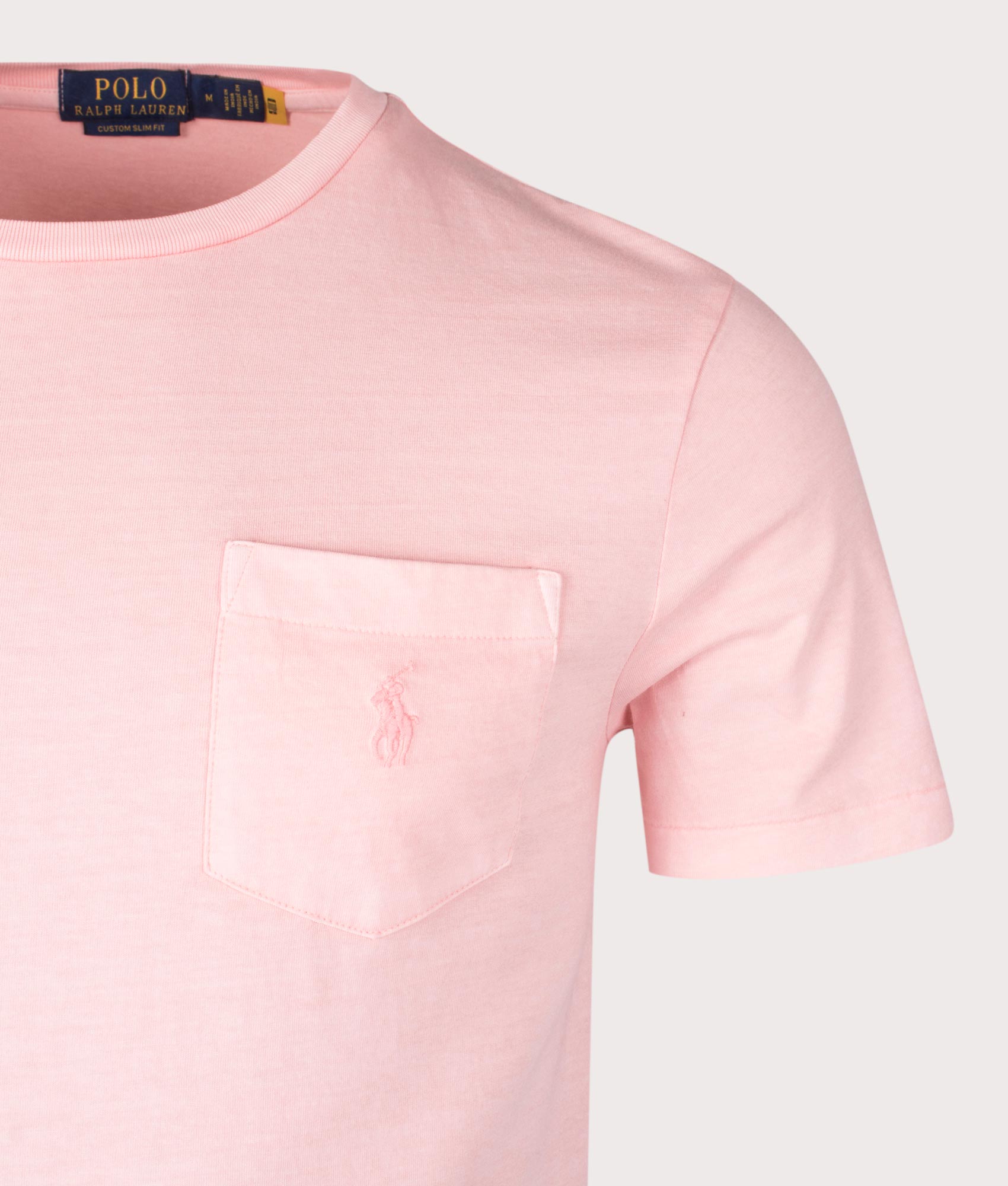 Polo Ralph Lauren Custom Slim Mineral-Dyed Pocket T-Shirt in Rose at EQVVS. Detail Shot.