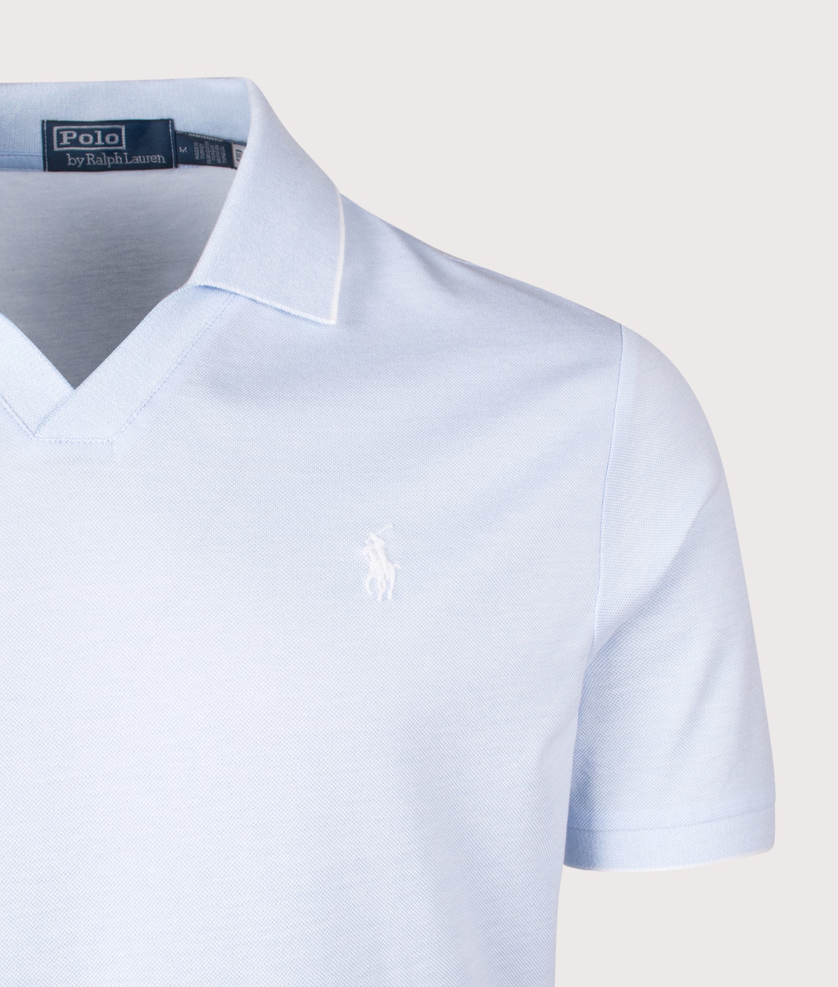 Polo Ralph Lauren Jacquard Mesh Polo Shirt in Office Blue and White at EQVVS Menswear. Detail shot.