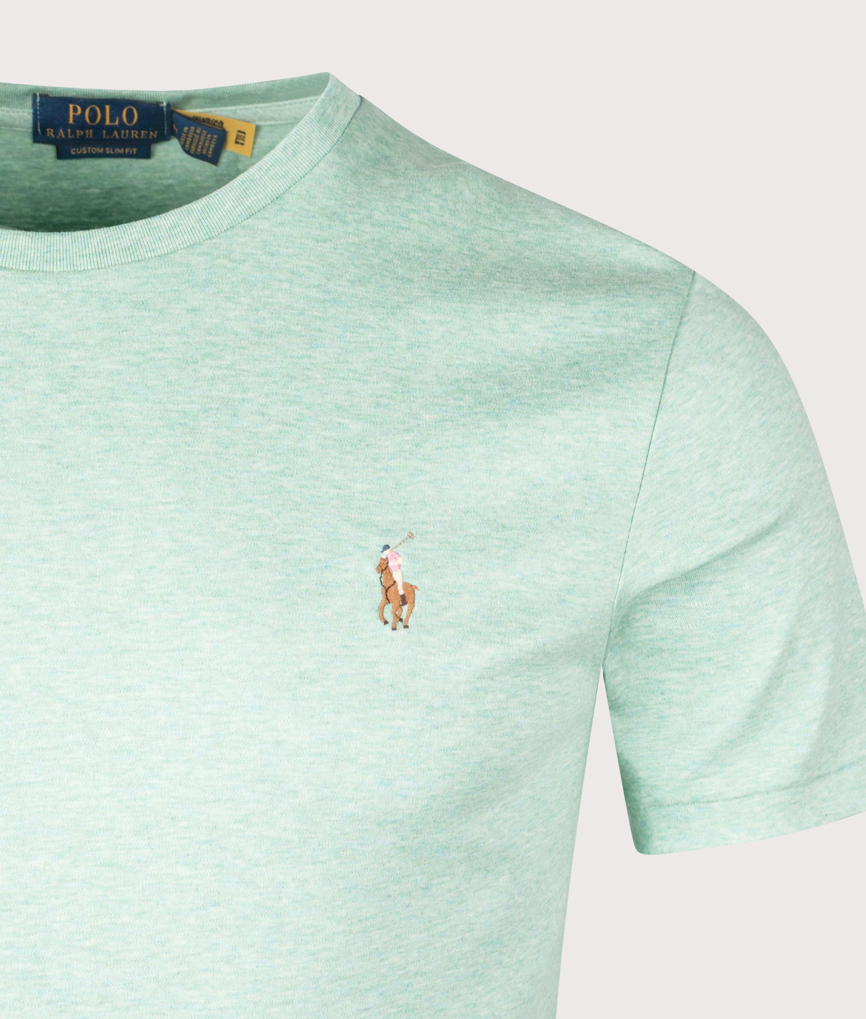 Polo Ralph Lauren Custom Slim Fit Pima T-Shirt in Celadon at EQVVS Menswear. Detail shot.
