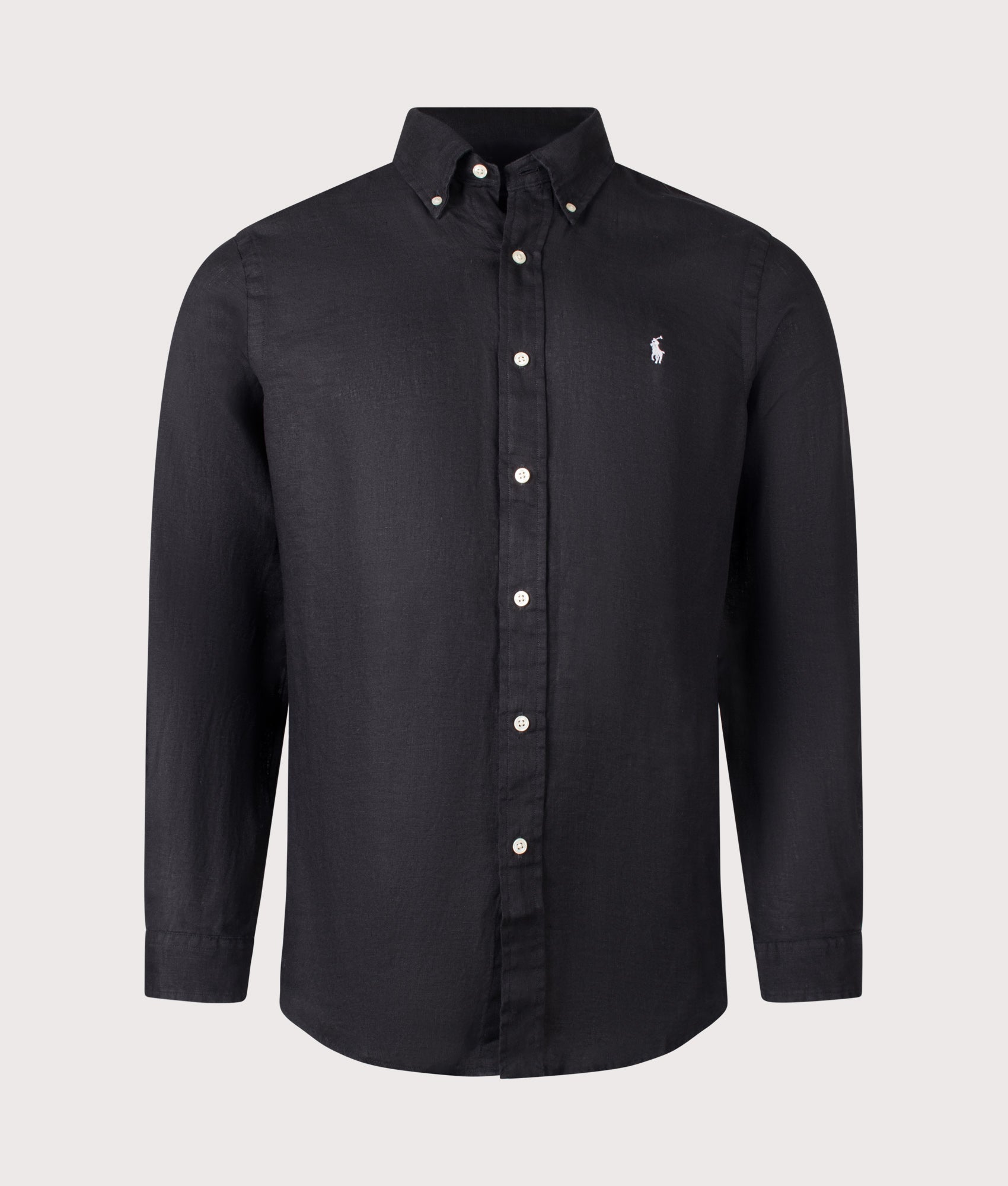 Polo Ralph Lauren Custom Fit Linen Shirt in Polo Black at EQVVS Menswear. Front shot.