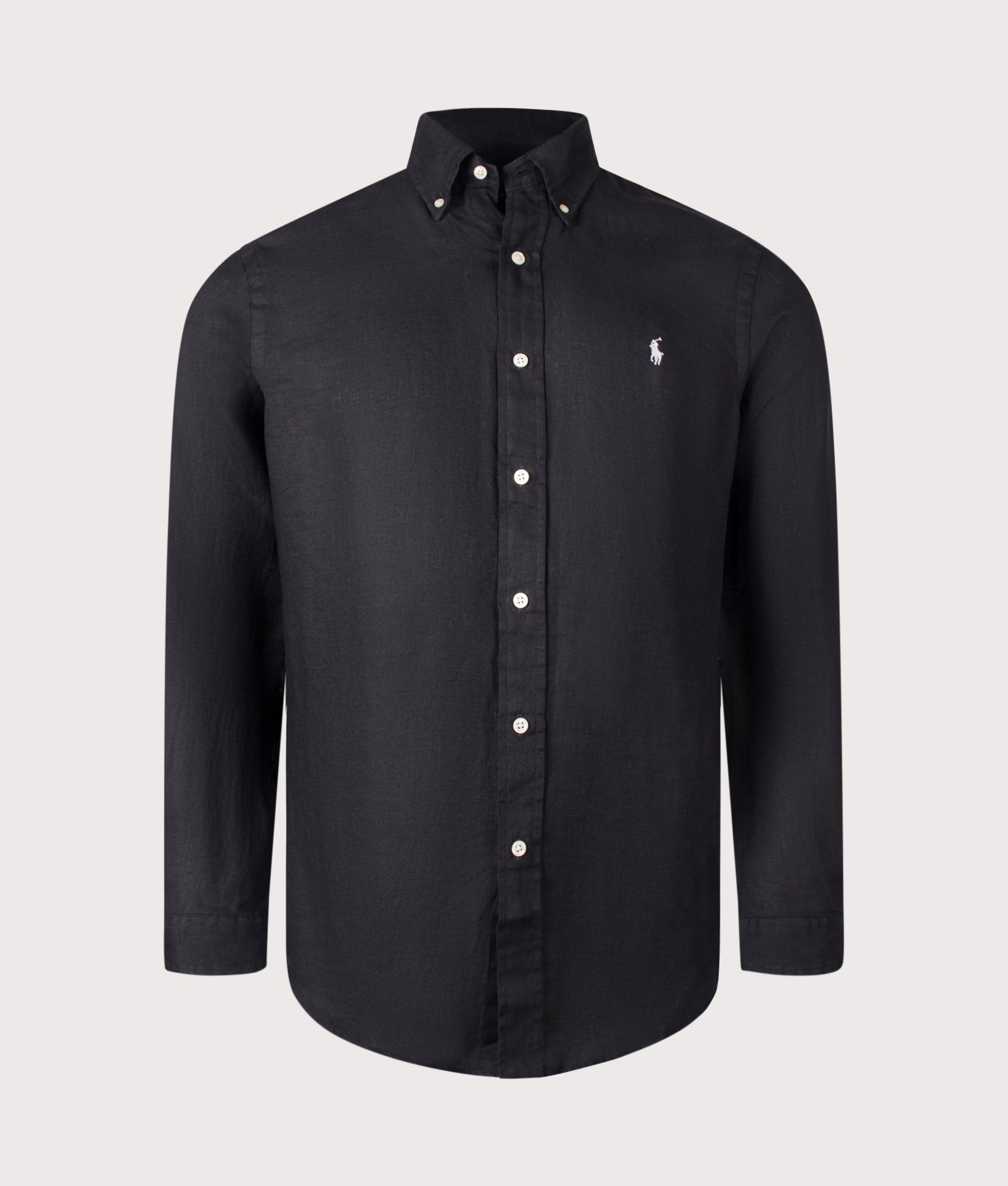 Polo Ralph Lauren Custom Fit Linen Shirt in Polo Black at EQVVS Menswear. Front shot.