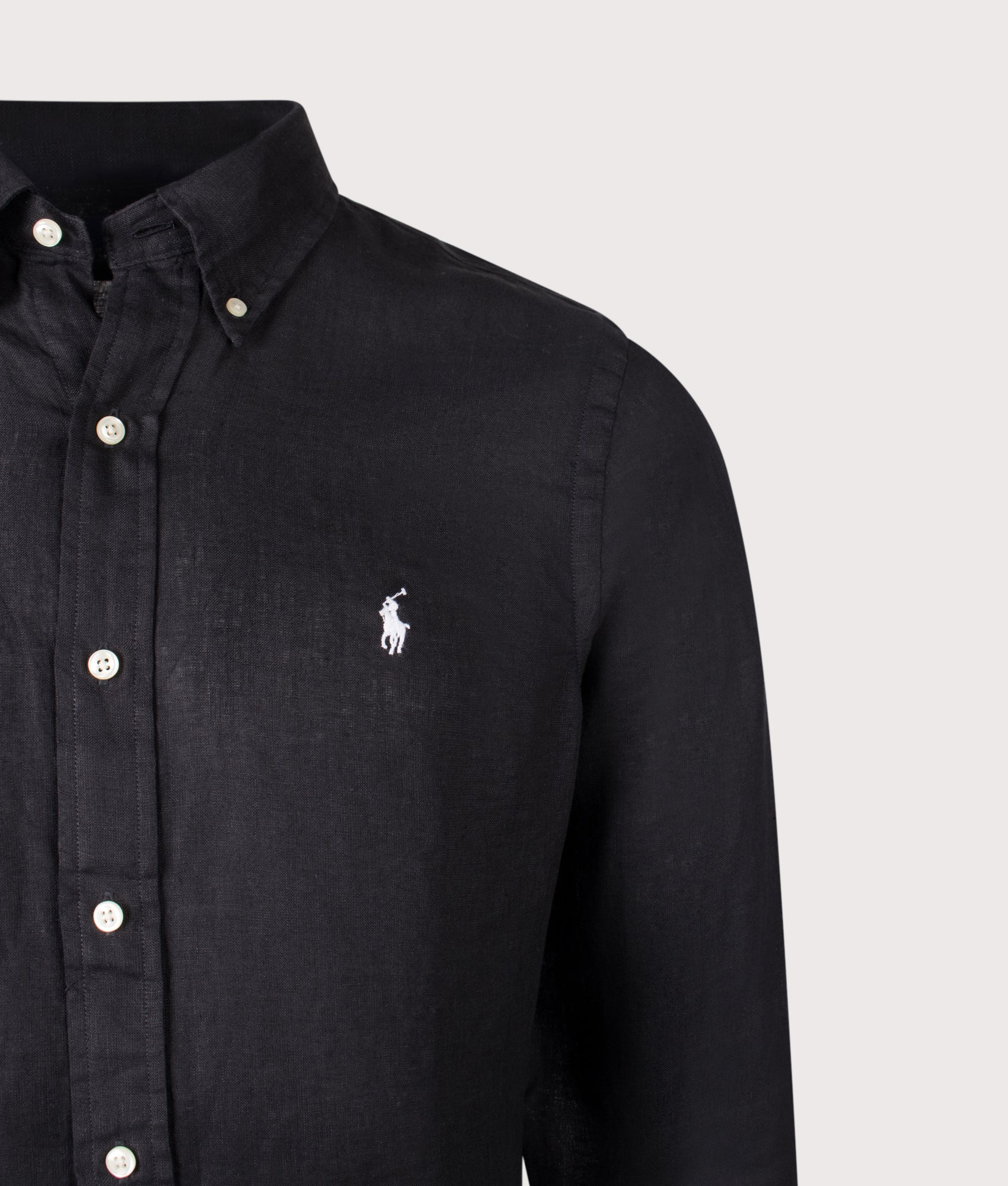 Polo Ralph Lauren Custom Fit Linen Shirt in Polo Black at EQVVS Menswear. Detail shot.