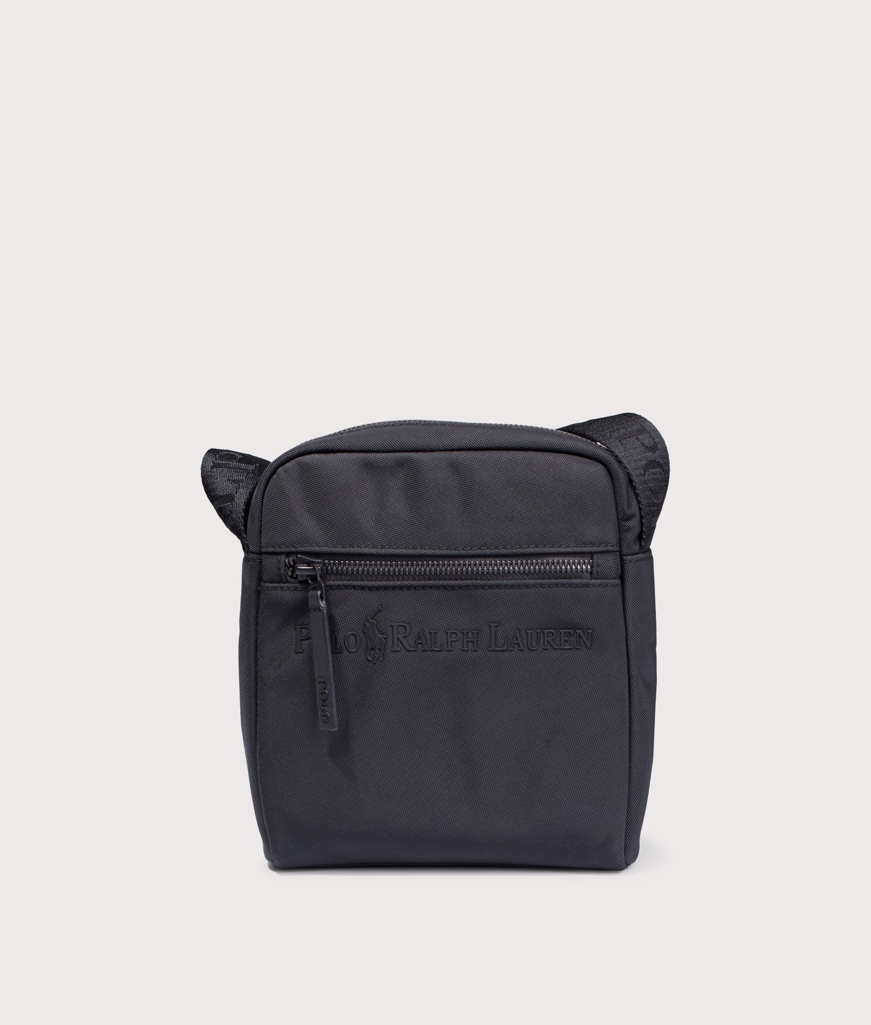 Polo Ralph Lauren Tonal Logo Crossbody bag in Black at EQVVS Menswear. Front shot.
