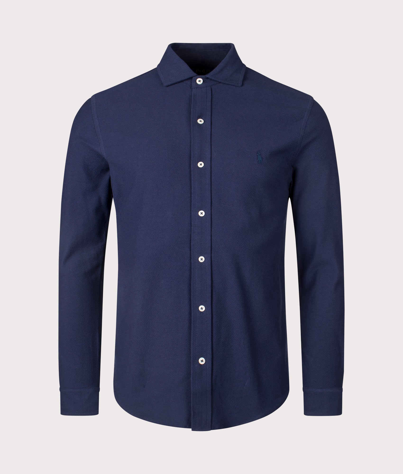 Polo Ralph Lauren Honeycomb-Knit Shirt in Cruise Navy. Shot at EQVVS. Front detail shot 