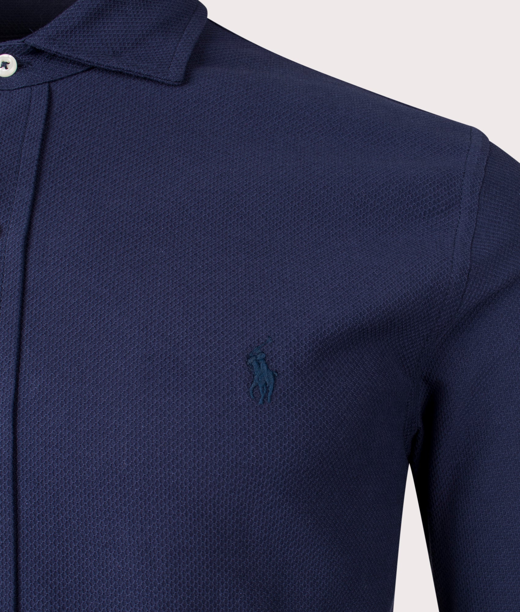 Polo Ralph Lauren Honeycomb-Knit Shirt in Cruise Navy. Shot at EQVVS.  Front logo shot 