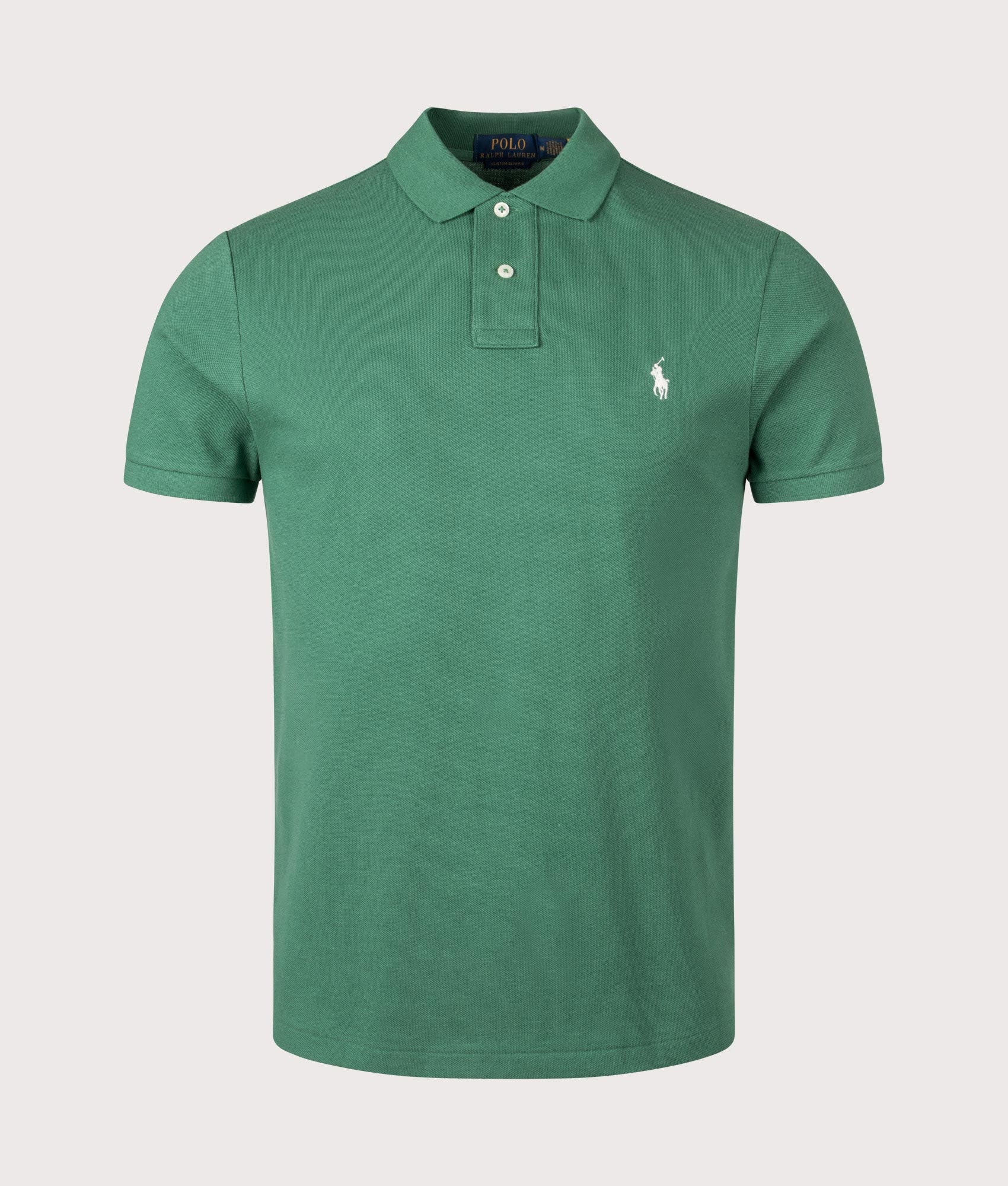 Polo Ralph Lauren Custom Slim Fit Mesh Polo Shirt in Vibrant Antique Green at EQVVS Menswear. Front shot.