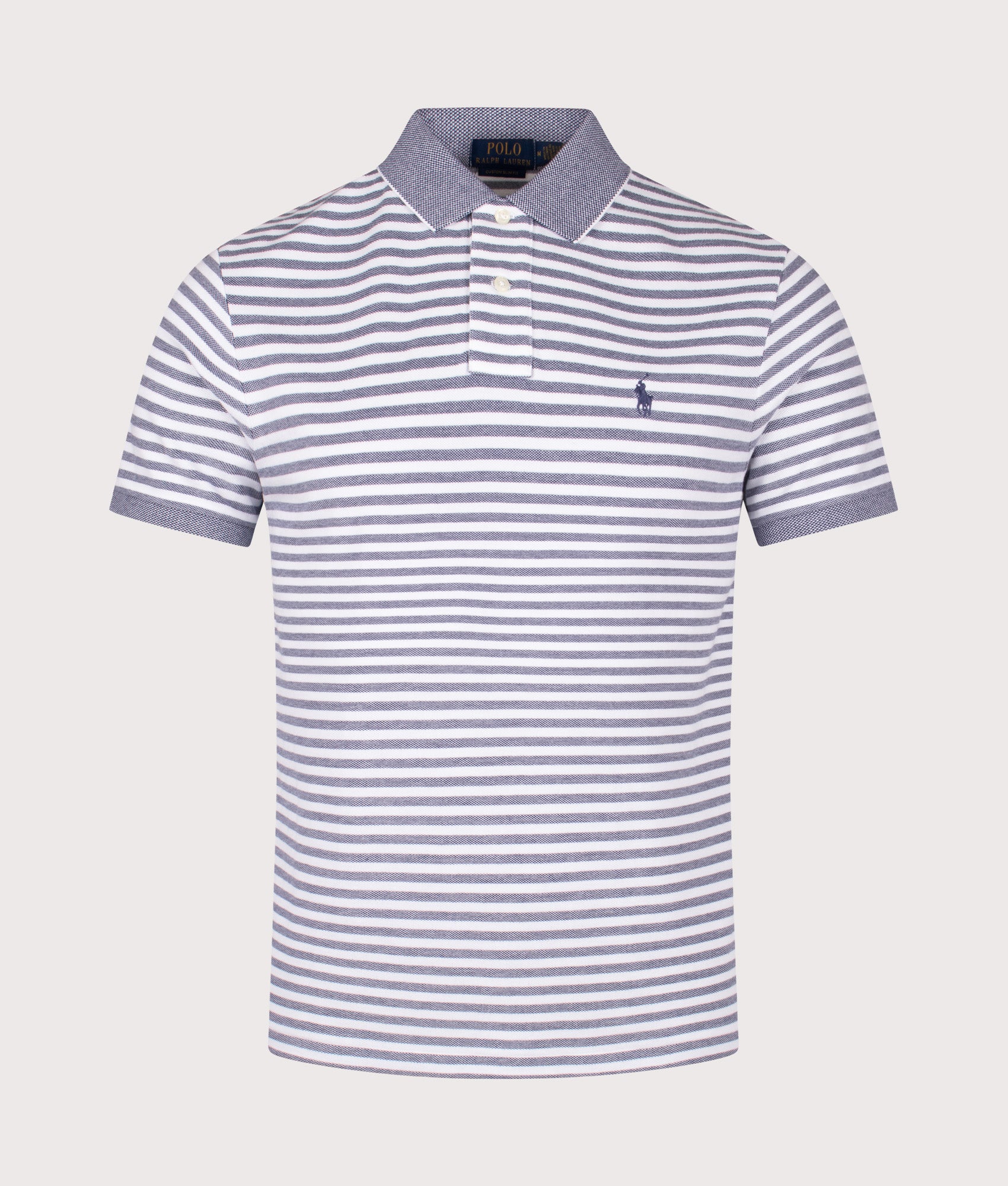 Custom Slim Fit Striped Mesh Polo Shirt in Newport Navy and White at EQVVS Menswear. Front shot.