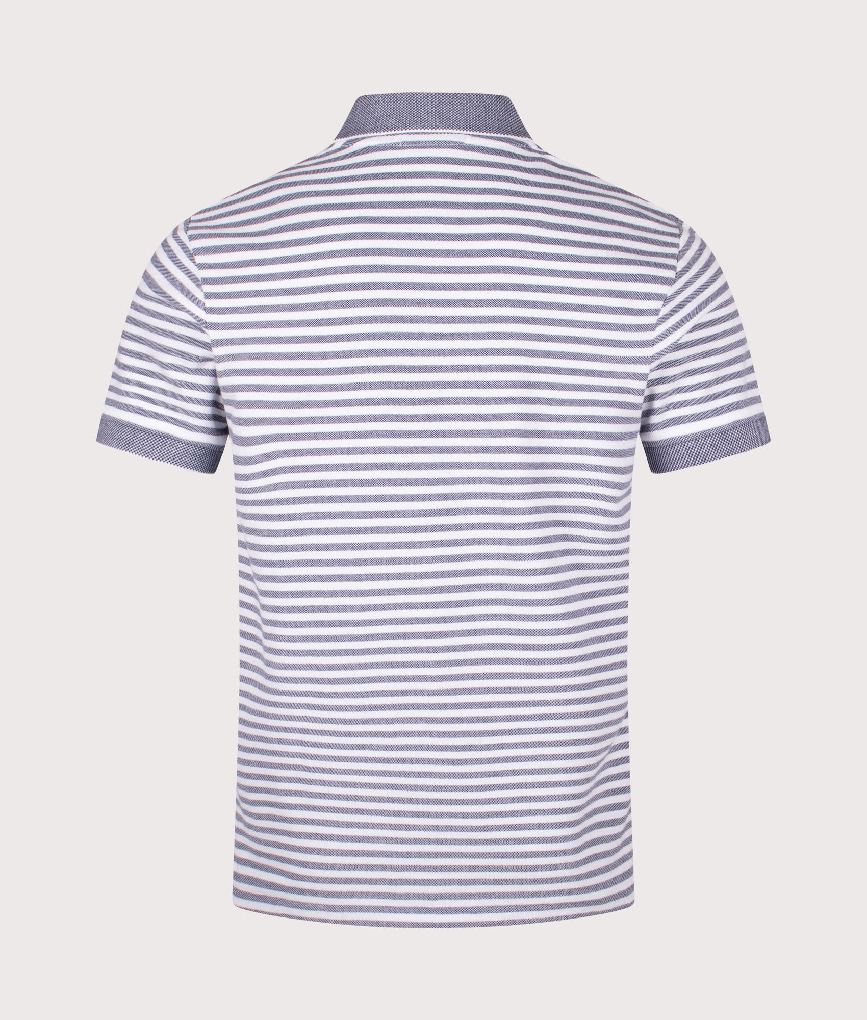 Custom Slim Fit Striped Mesh Polo Shirt in Newport Navy and White at EQVVS Menswear. Back shot.