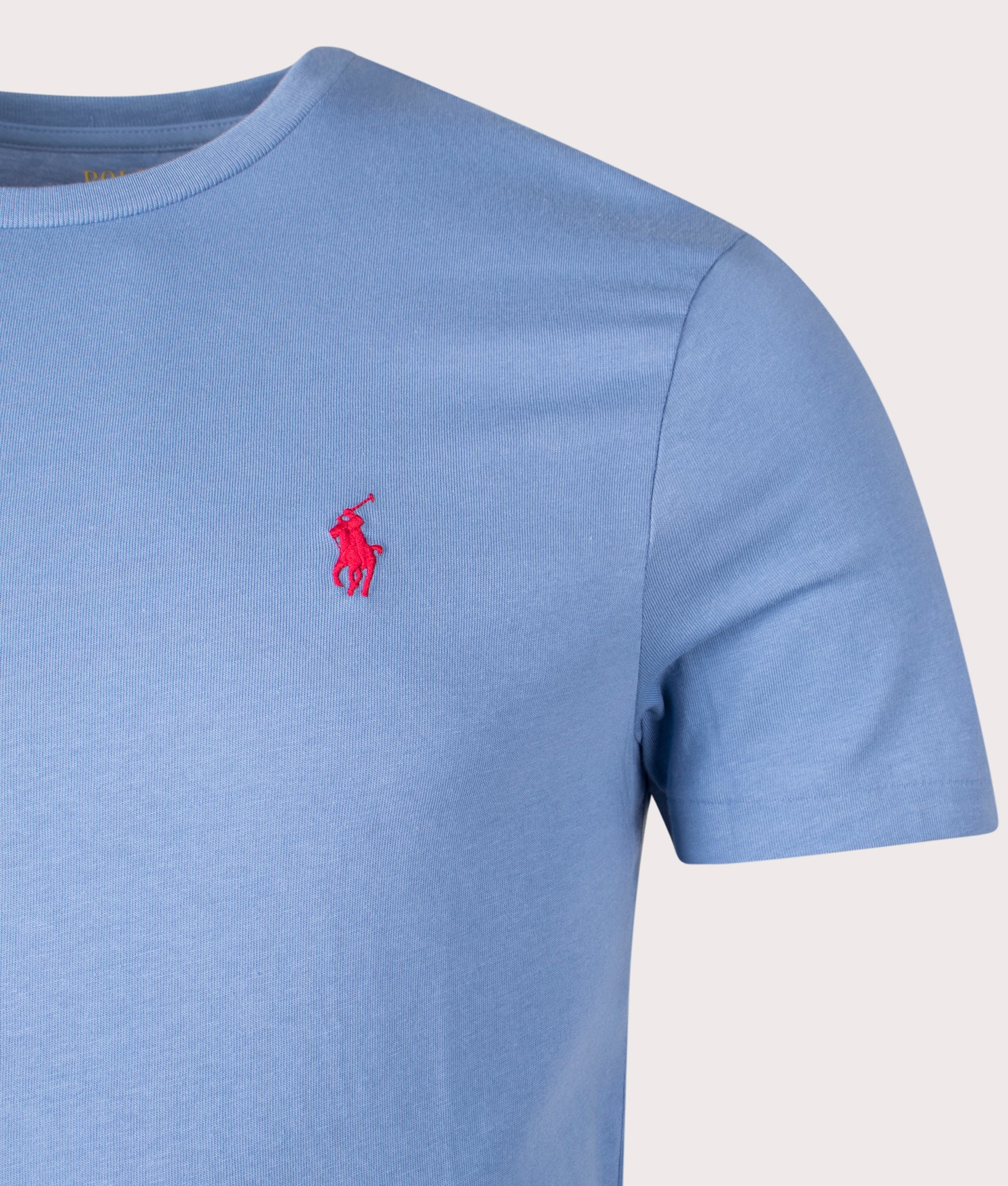 Polo Ralph Lauren Custom Slim Fit Jersey T-Shirt in Campus Blue at EQVVS. Detail Shot.