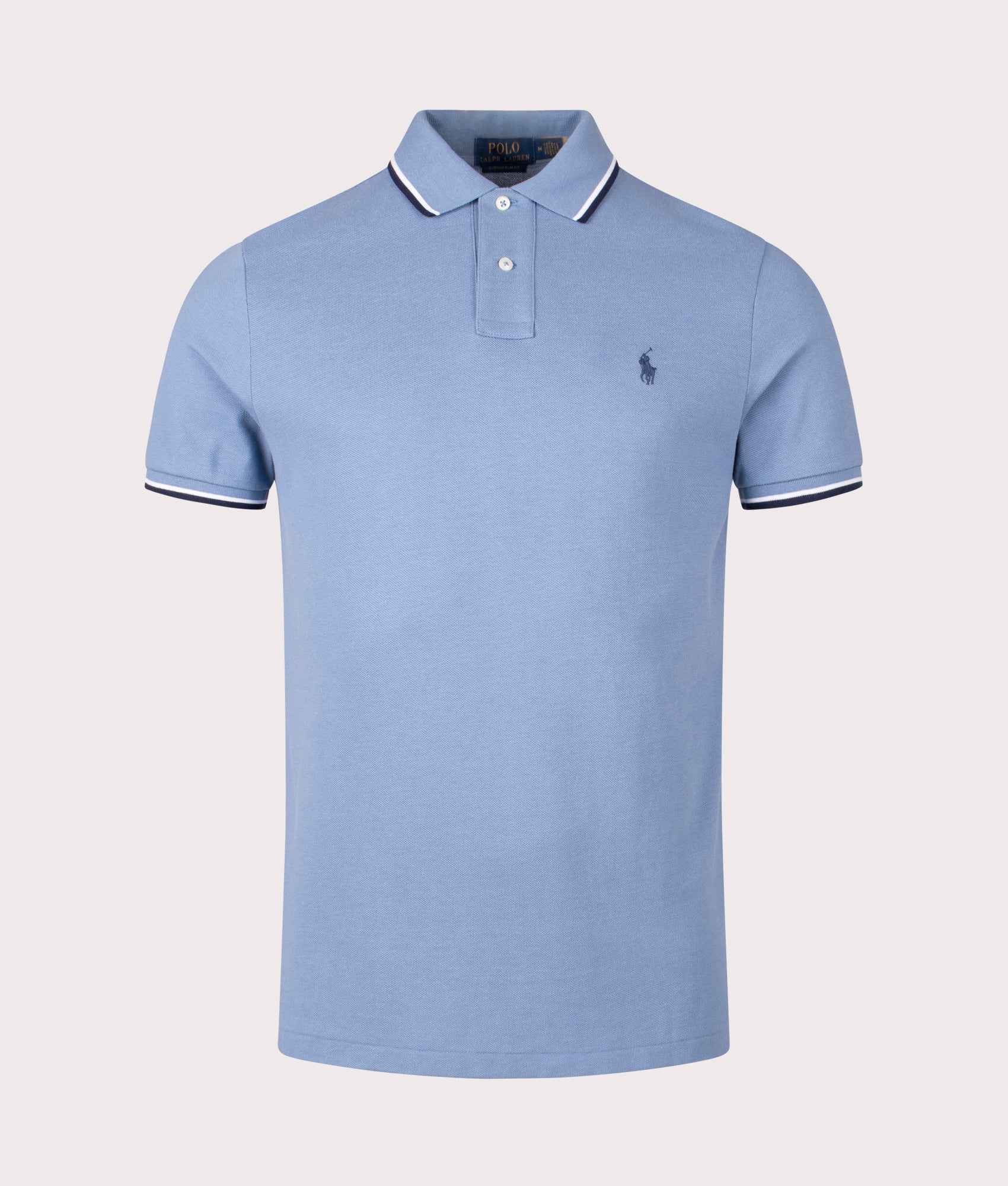 Custom Slim Fit Mesh Polo Shirt by Polo Ralph Lauren in Channel Blue. Shot by EQVVS. Front shot.