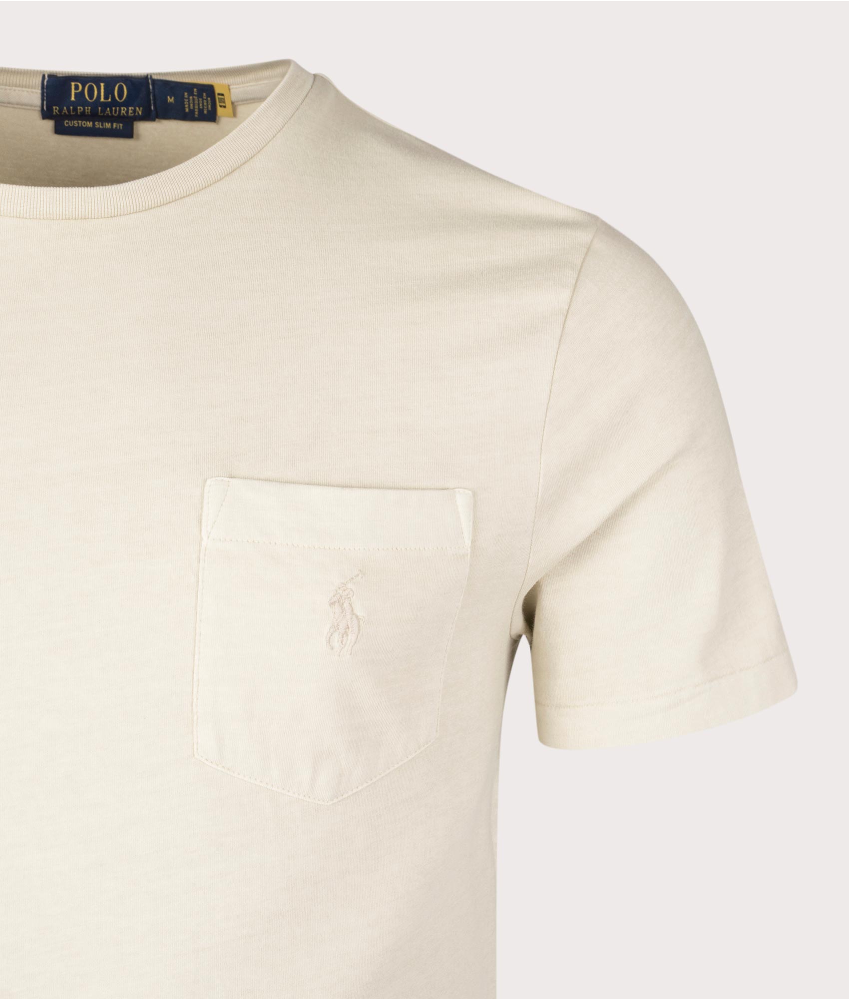 Polo Ralph Lauren Custom Slim Mineral-Dyed Pocket T-Shirt in Neutral at EQVVS. Detail Shot.