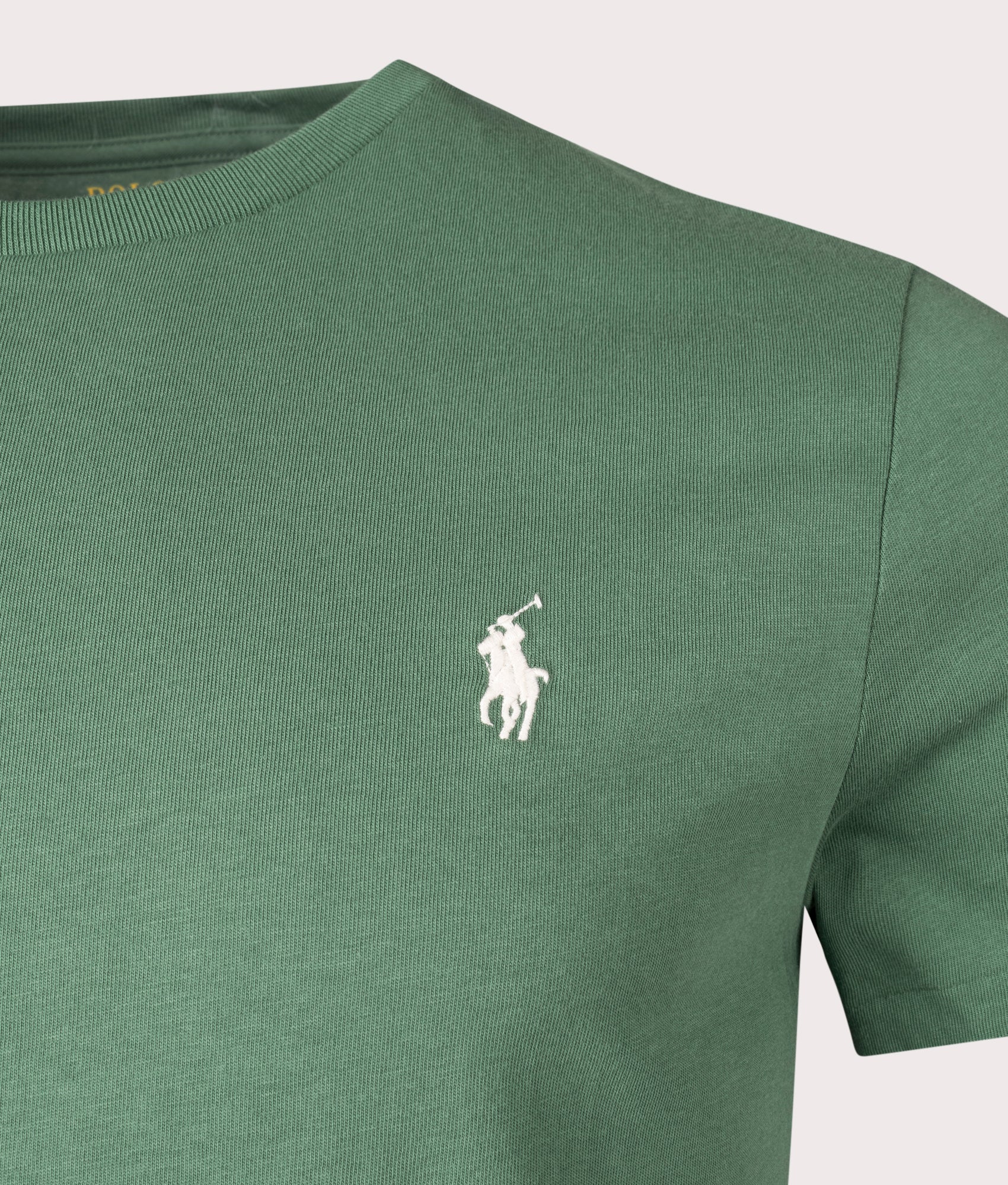 Polo Ralph Lauren Custom Slim Fit Jersey T-Shirt in Antique Green at EQVVS Menswear. Detail shot.