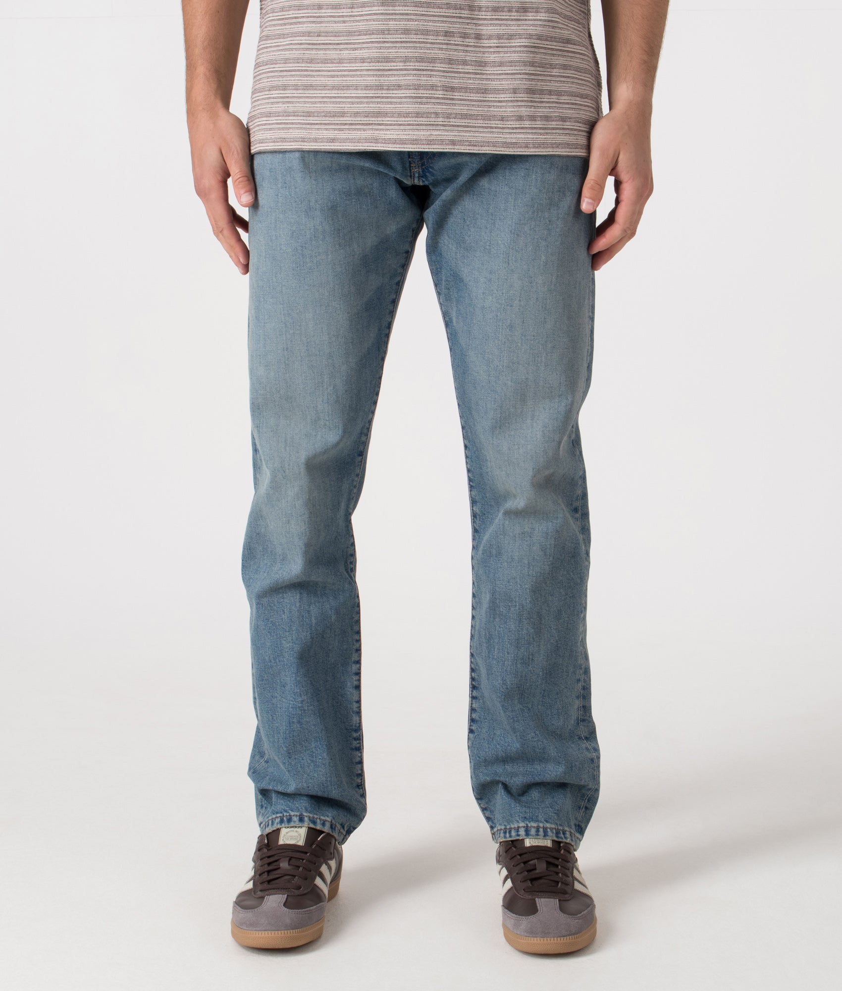 Polo Ralph Lauren Hampton Relaxed Straight Stretch Jeans in Dixon Stretch blue at EQVVS Menswear. Model front shot. 