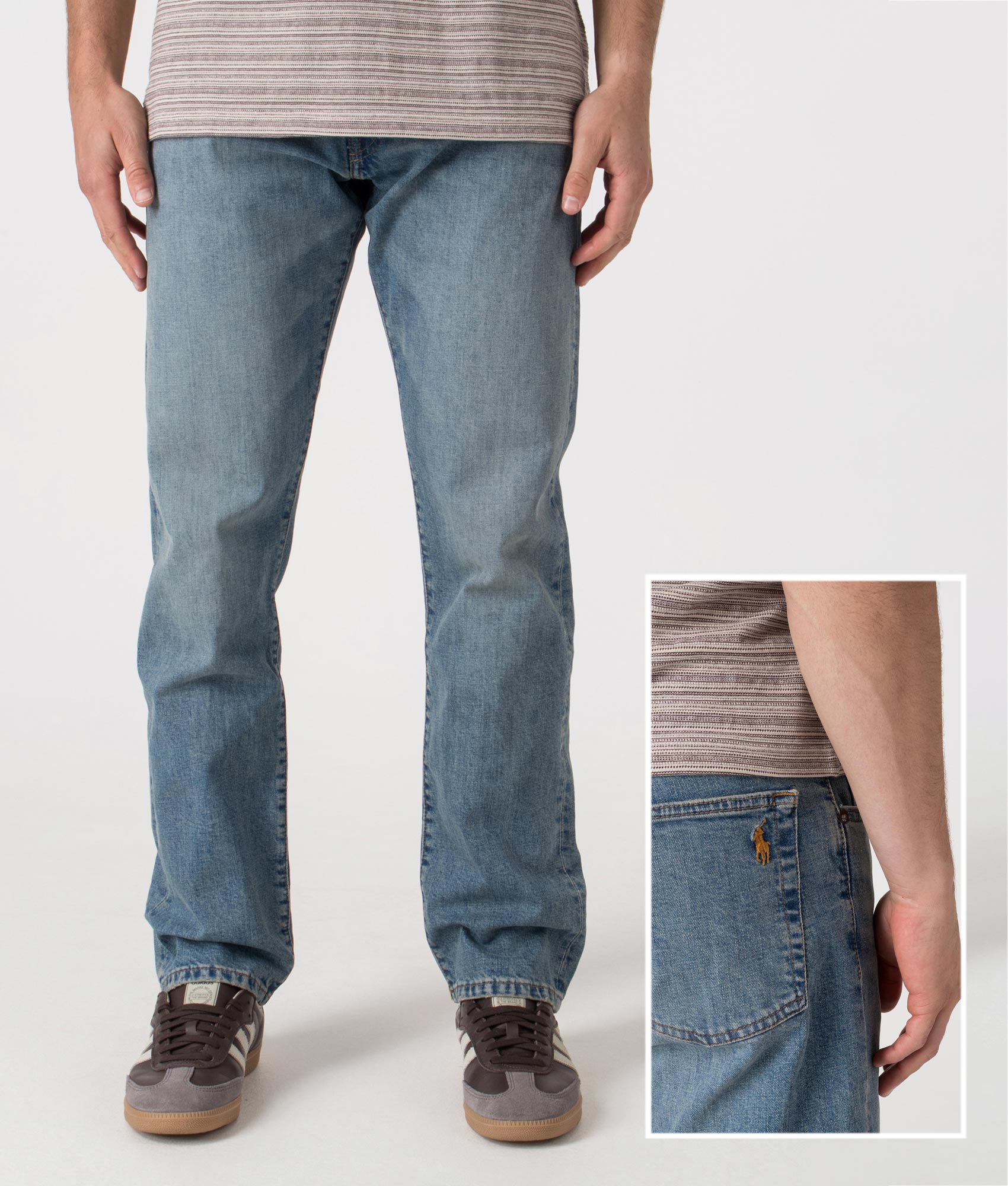 Polo Ralph Lauren Hampton Relaxed Straight Stretch Jeans in Dixon Stretch blue at EQVVS Menswear. Model front and Back detail shot.