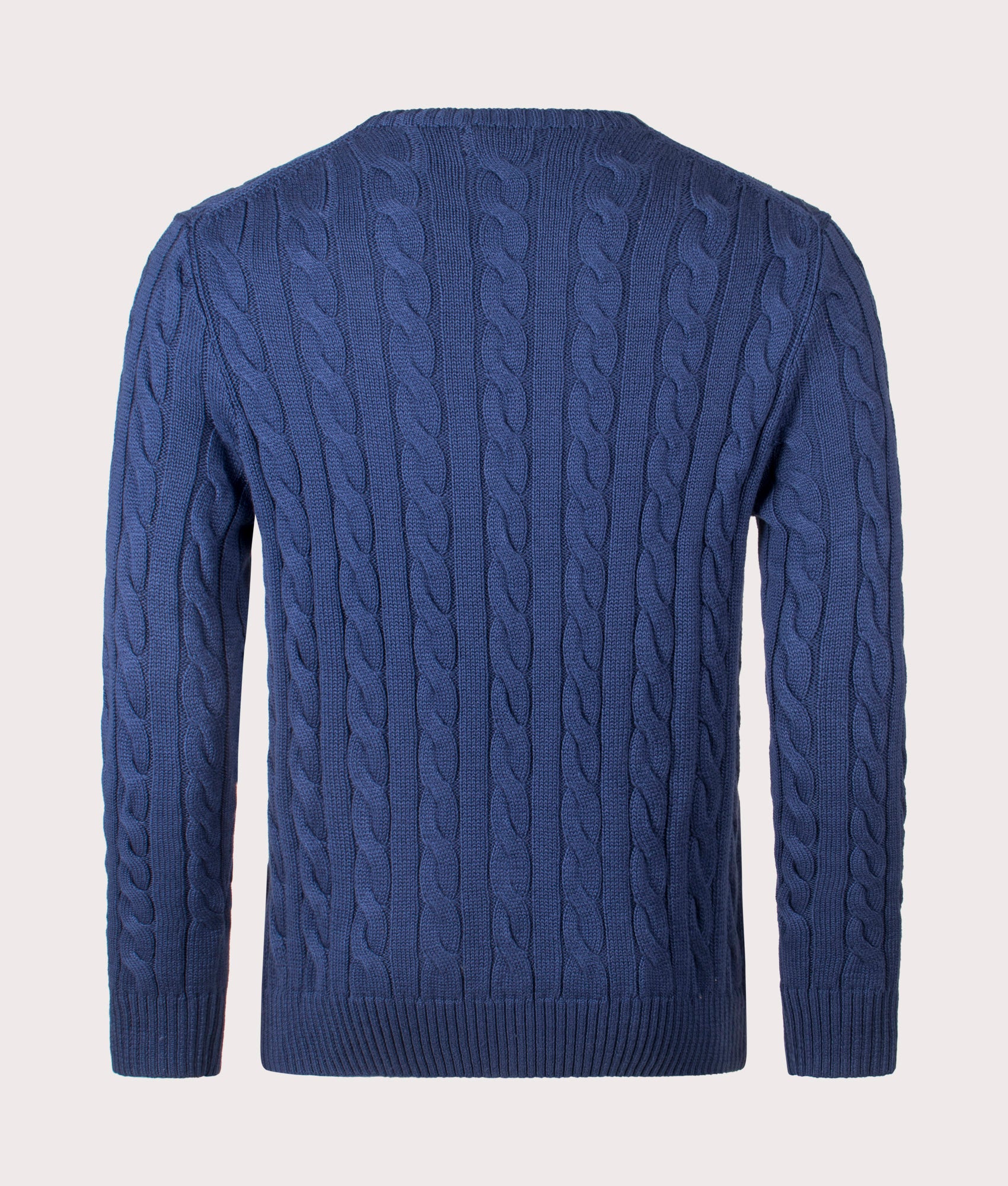 Cable Knit Cotton Jumper by Polo Ralph Lauren in Light Navy. Shot by EQVVS. Back shot.