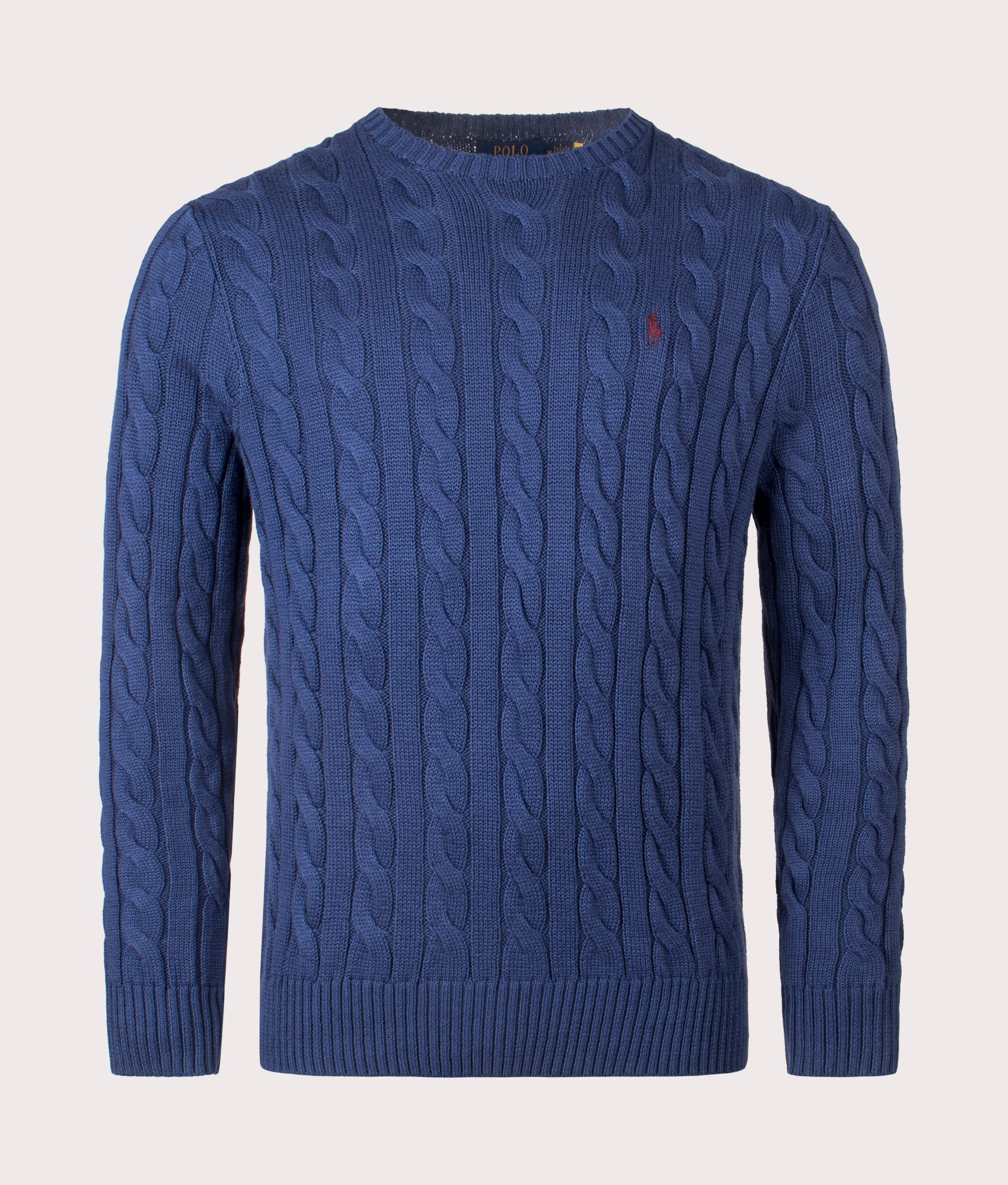 Cable Knit Cotton Jumper by Polo Ralph Lauren in Light Navy. Shot by EQVVS. Front shot.