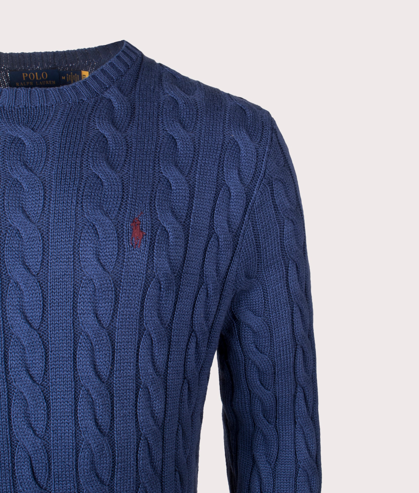 Cable Knit Cotton Jumper by Polo Ralph Lauren in Light Navy. Shot by EQVVS. detail shot.