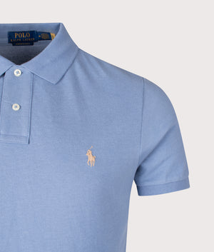 Custom Slim Fit Mesh Polo Shirt in Channel Blue | Polo Ralph Lauren | Shot at EQVVS | Front detail shot 
