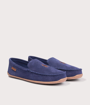 The Polo Ralph Lauren Brenan Suede Slippers in Navy at EQVVS Menswear. Front Angled Shot.