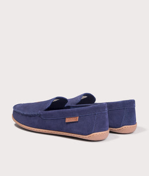 The Polo Ralph Lauren Brenan Suede Slippers in Navy at EQVVS Menswear. Angled back shot.