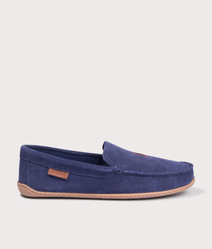 The Polo Ralph Lauren Brenan Suede Slippers in Navy at EQVVS Menswear. Side Shot.
