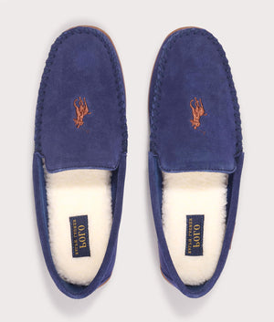The Polo Ralph Lauren Brenan Suede Slippers in Navy at EQVVS Menswear. Above shot.
