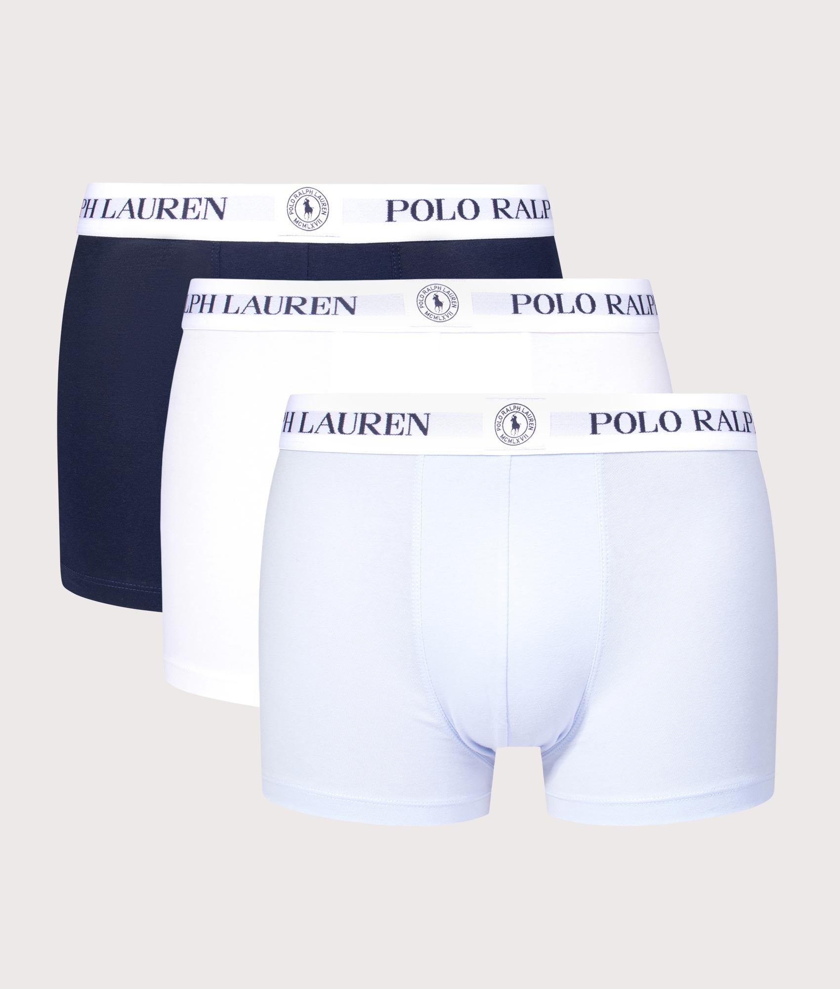 3 Pack Classic Stretch Cotton Trunks in Oxford Blue/White/Cr Navy | Polo Ralph Lauren | EQVVS | Front shot 