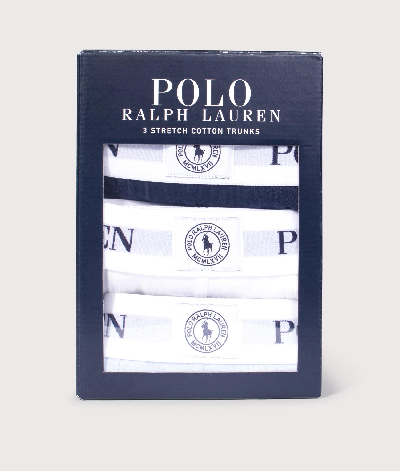 3 Pack Classic Stretch Cotton Trunks in Oxford Blue/White/Cr Navy | Polo Ralph Lauren | EQVVS | Box shot 