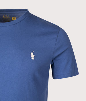 Custom Slim Fit Jersey T-Shirt in Earth Blue. | 100% Cotton | Polo Ralph Lauren | Shot at EQVVS | Front detail shot 