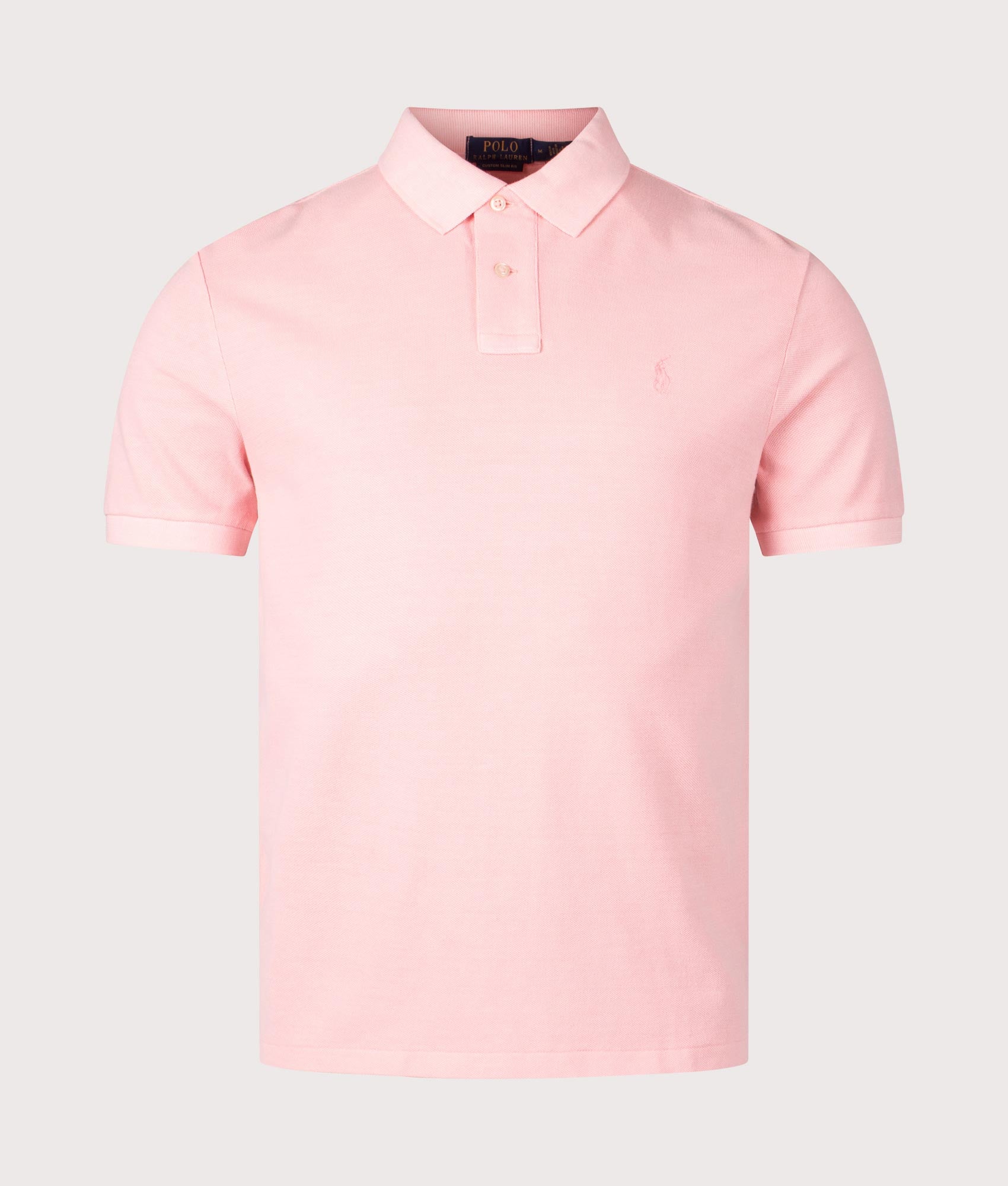 Polo Ralph Lauren Custom Slim Fit Mineral-Dyed Mesh Polo Shirt in Rose. Shot at EQVVS. Front shot 