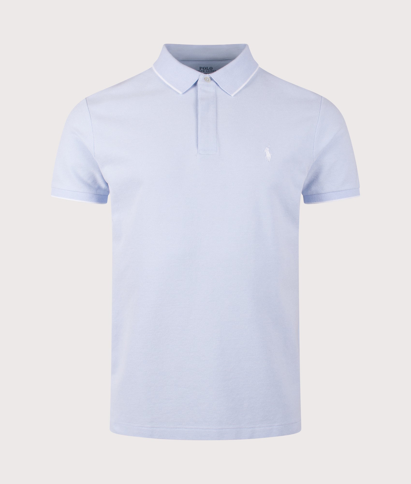 Polo Ralph Lauren Custom Slim Fit Stretch Oxford Mesh Polo Shirt in Office Blue/White. Shot at EQVVS. Front shot. 