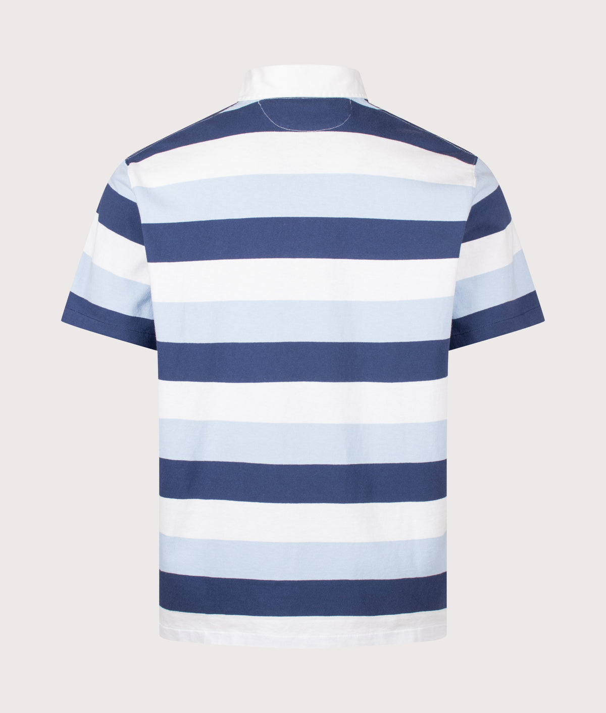 Polo Ralph Lauren Classic Fit Short Sleeve Rugby Shirt in Office Blue multi at EQVVS Menswear. Back shot.
