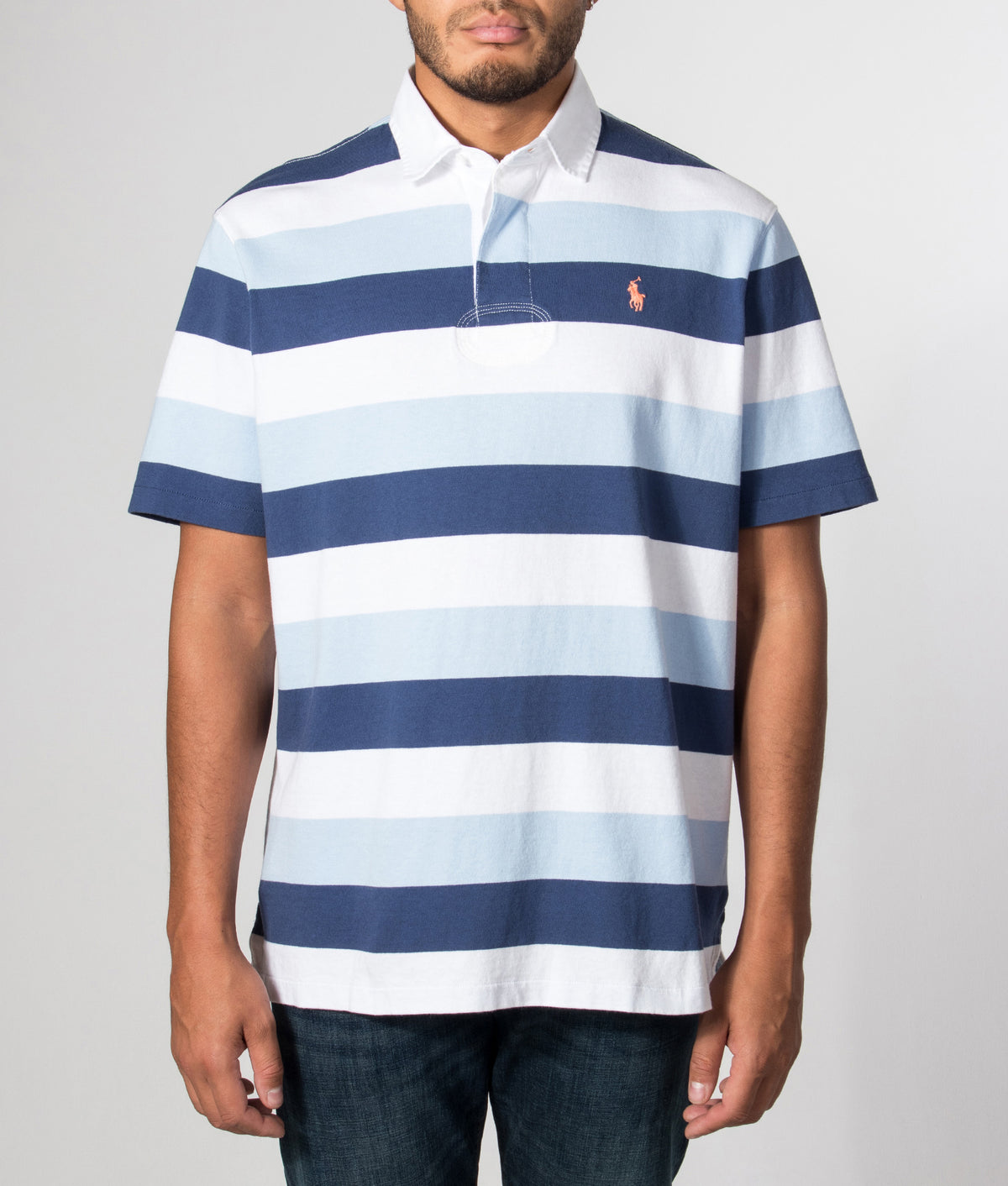 Polo Ralph Lauren Classic Fit Short Sleeve Rugby Shirt in Office Blue multi at EQVVS Menswear. Model front shot.