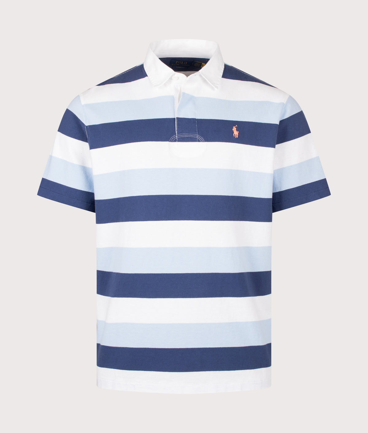 Polo Ralph Lauren Classic Fit Short Sleeve Rugby Shirt in Office Blue multi at EQVVS Menswear. Front shot.