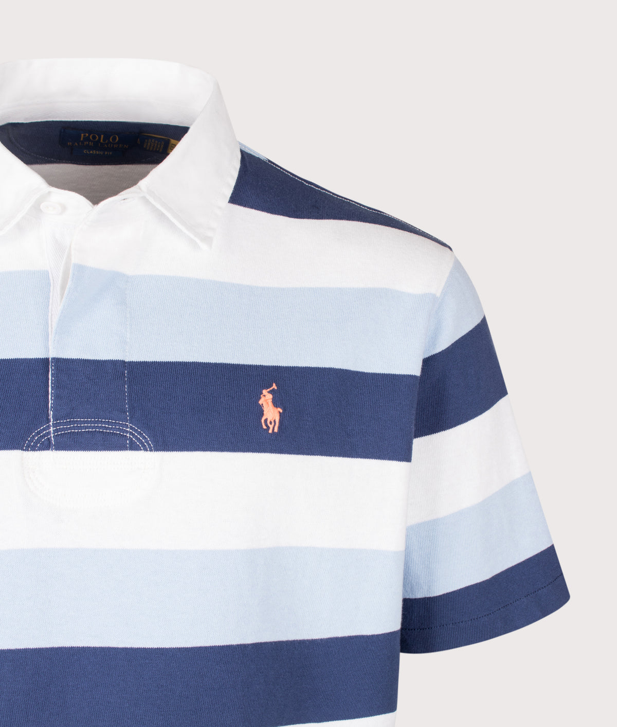 Polo Ralph Lauren Classic Fit Short Sleeve Rugby Shirt in Office Blue multi at EQVVS Menswear. Detail shot.