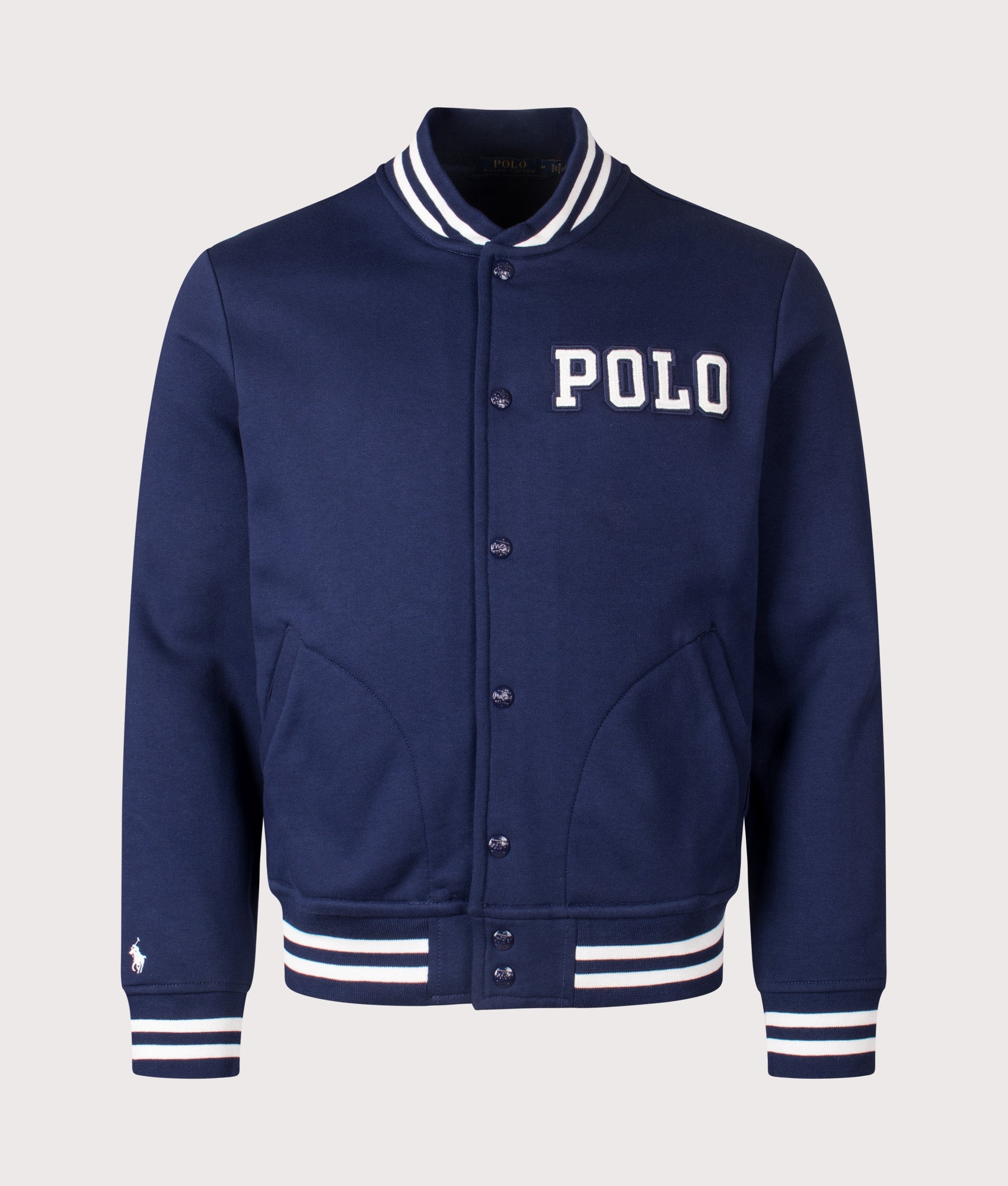 Logo Baseball Jacket by Polo Ralph Lauren in Newport Navy. Shot by EQVVS. Front shot.