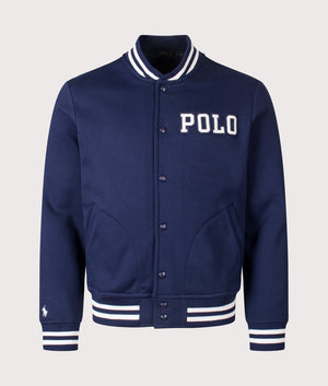 Logo Baseball Jacket by Polo Ralph Lauren in Newport Navy. Shot by EQVVS. Front shot.