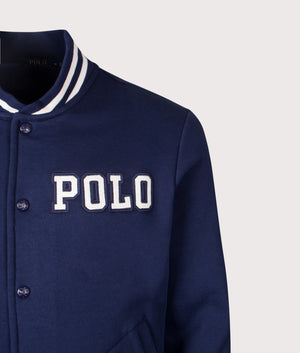 Logo Baseball Jacket by Polo Ralph Lauren in Newport Navy. Shot by EQVVS. Detail shot.