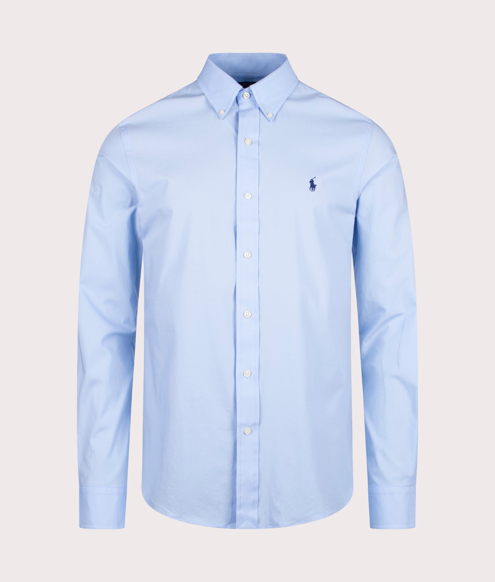 Custom Fit Stretch Poplin Shirt by Polo Ralph Lauren in Austin Blue. Shot by EQVVS. Front shot.