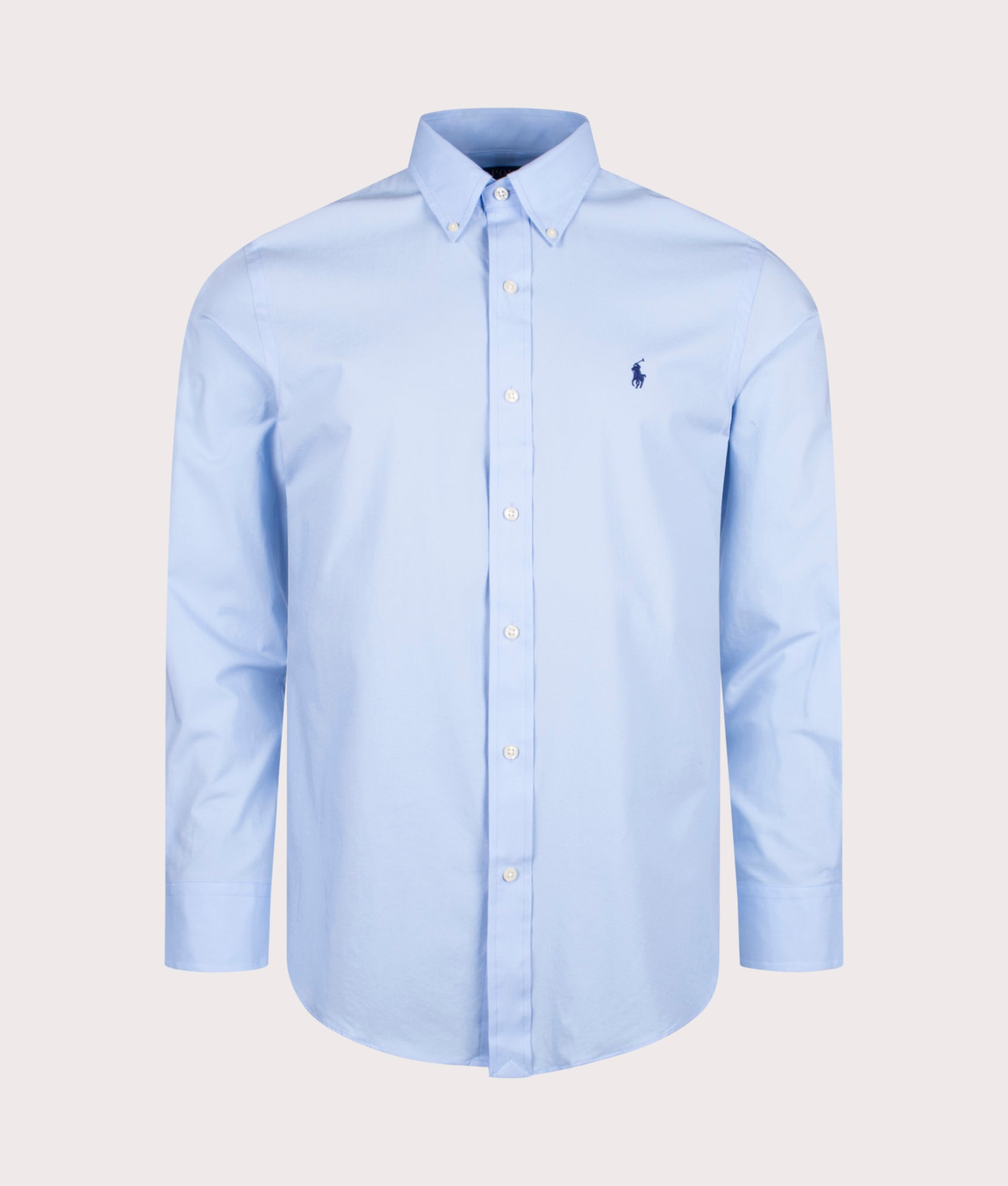 Polo Ralph Lauren Custom Fit Stretch Poplin Shirt in Austin Blue at EQVVS Menswear. Front shot.
