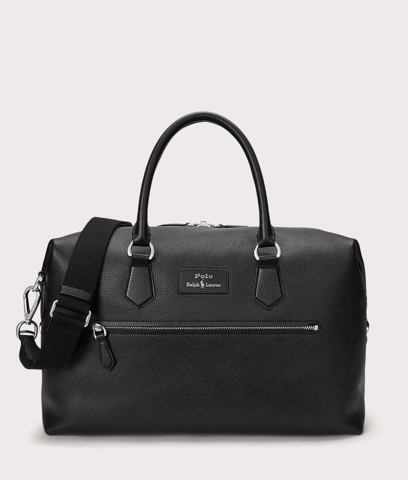 Polo Ralph Lauren Pebbled Leather Duffel Bag in Black at EQVVS Menswear. Front shot.