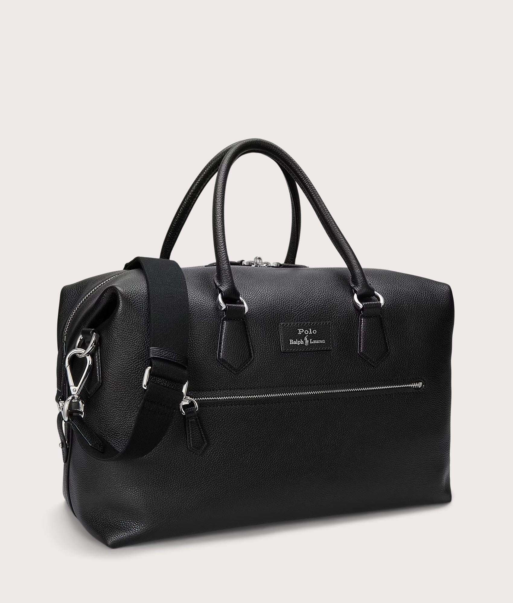Polo Ralph Lauren Pebbled Leather Duffel Bag in Black at EQVVS Menswear. Angled front shot