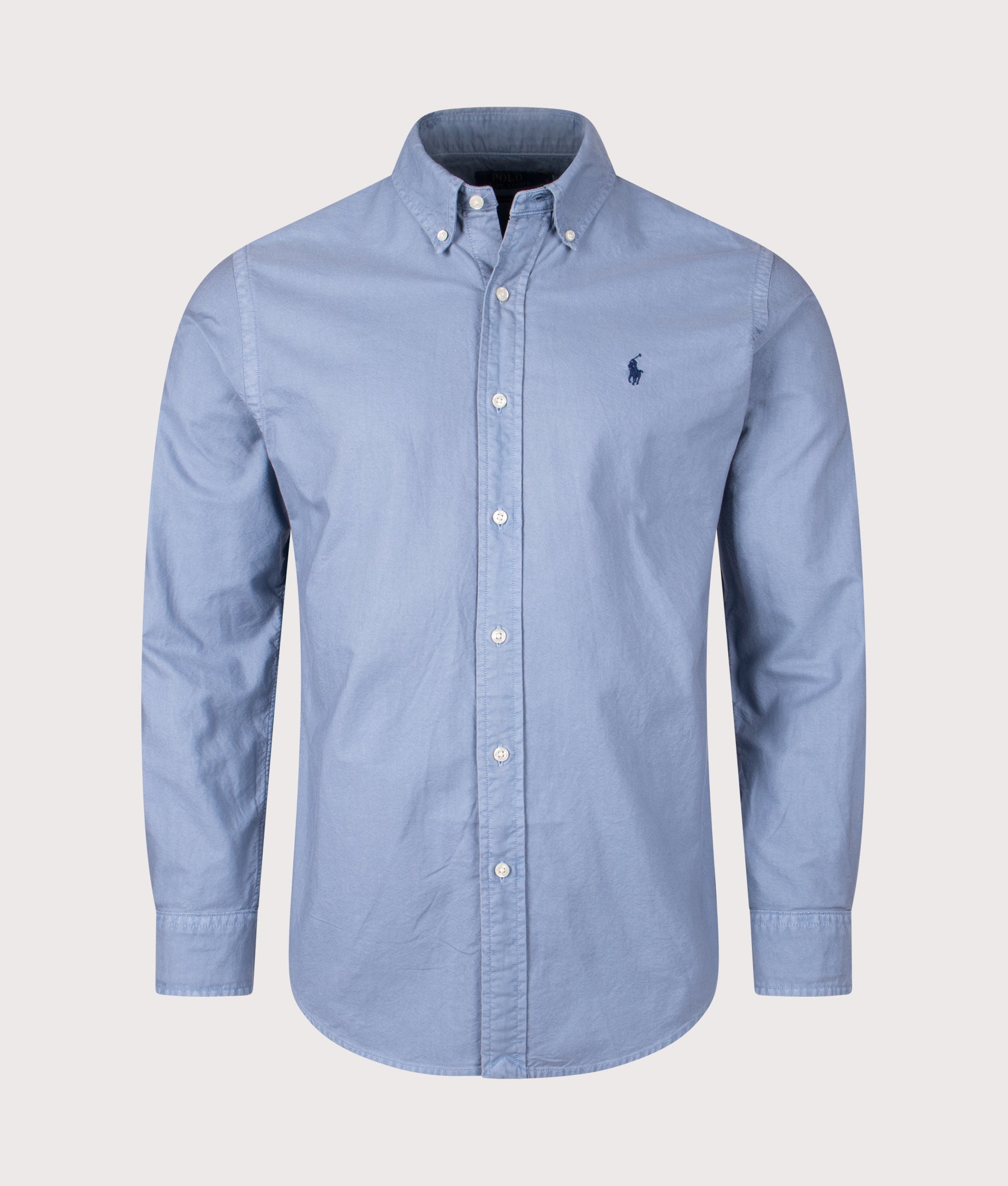 Custom Fit Garment-Dyed Oxford Shirt. Shot by EQVVS. Front shot.