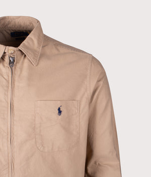 Garment-Dyed Oxford Overshirt by Polo Ralph Lauren in Surrey Tan. Shot by EQVVS. Detail shot.